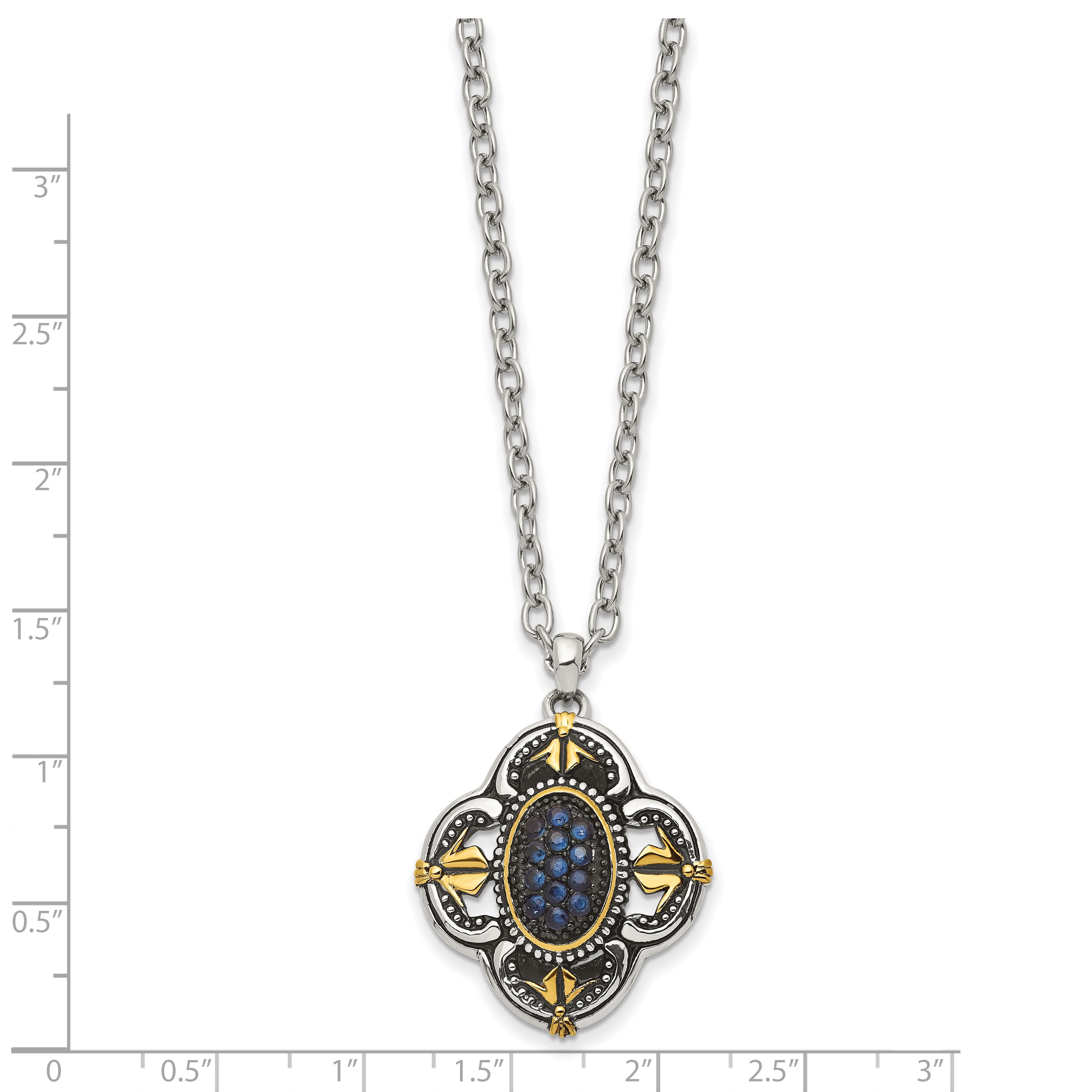 Antiqued Blue Glass Necklace in Stainless Steel with Gold Tone