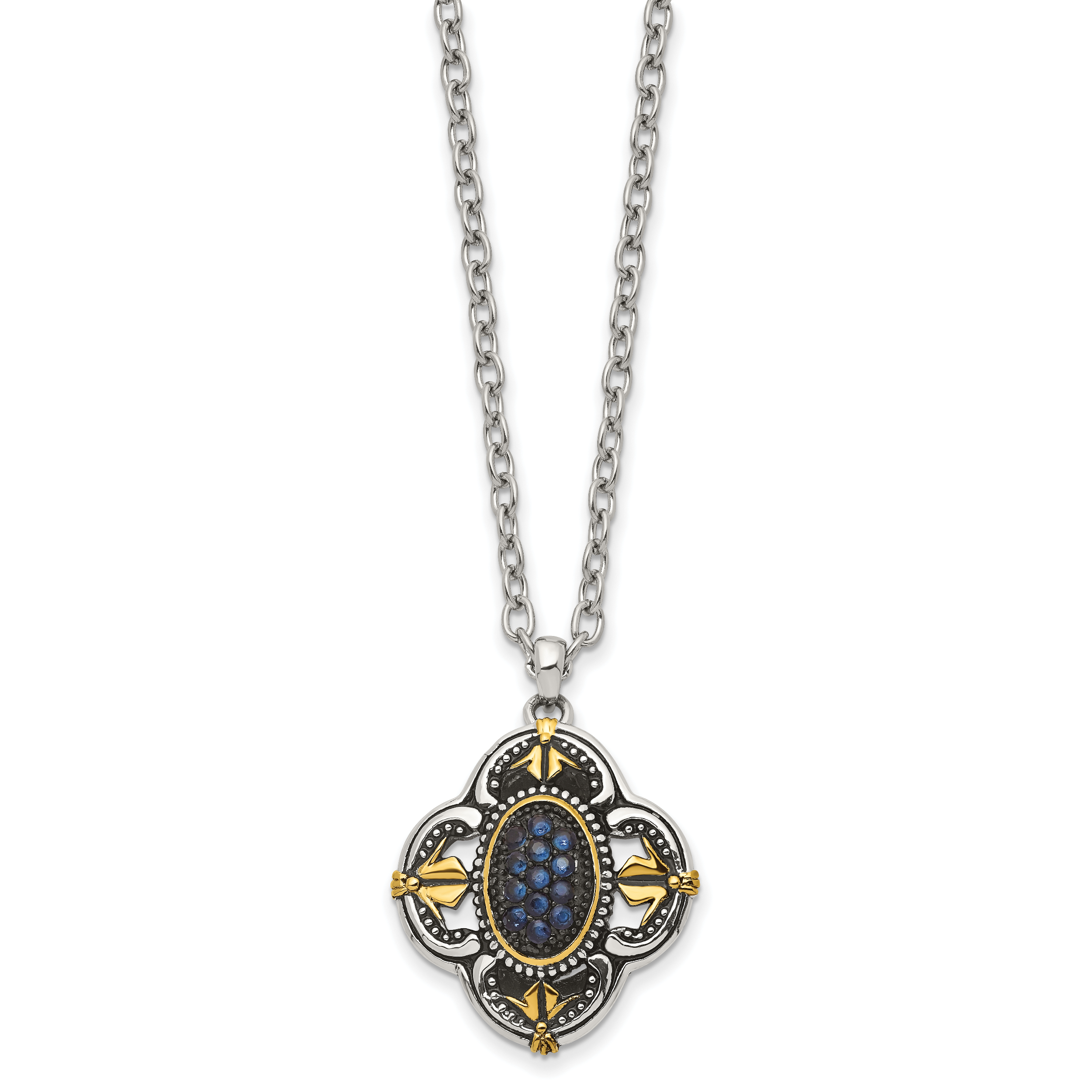 Stainless Steel Antiqued & Polished Yellow IP w/Blue Glass 18in Necklace Main image