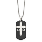 Chisel Stainless Steel Polished Black IP-plated with CZ DAD Dog Tag and Cross Pendant on a 22 inch Ball Chain Necklace