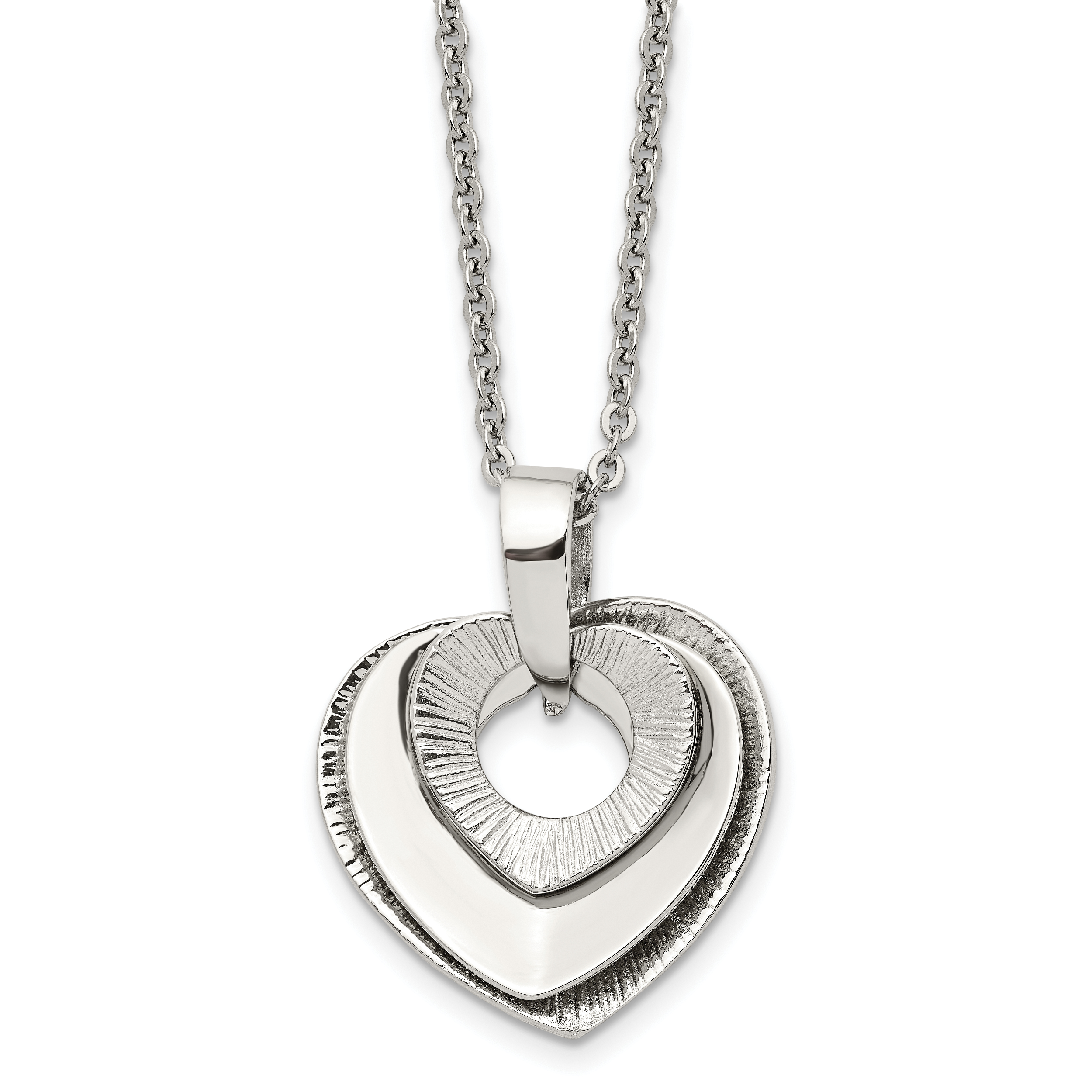 Chisel Stainless Steel Polished Three Piece Moveable Heart Pendant on a 20 inch Cable Chain Necklace Main image