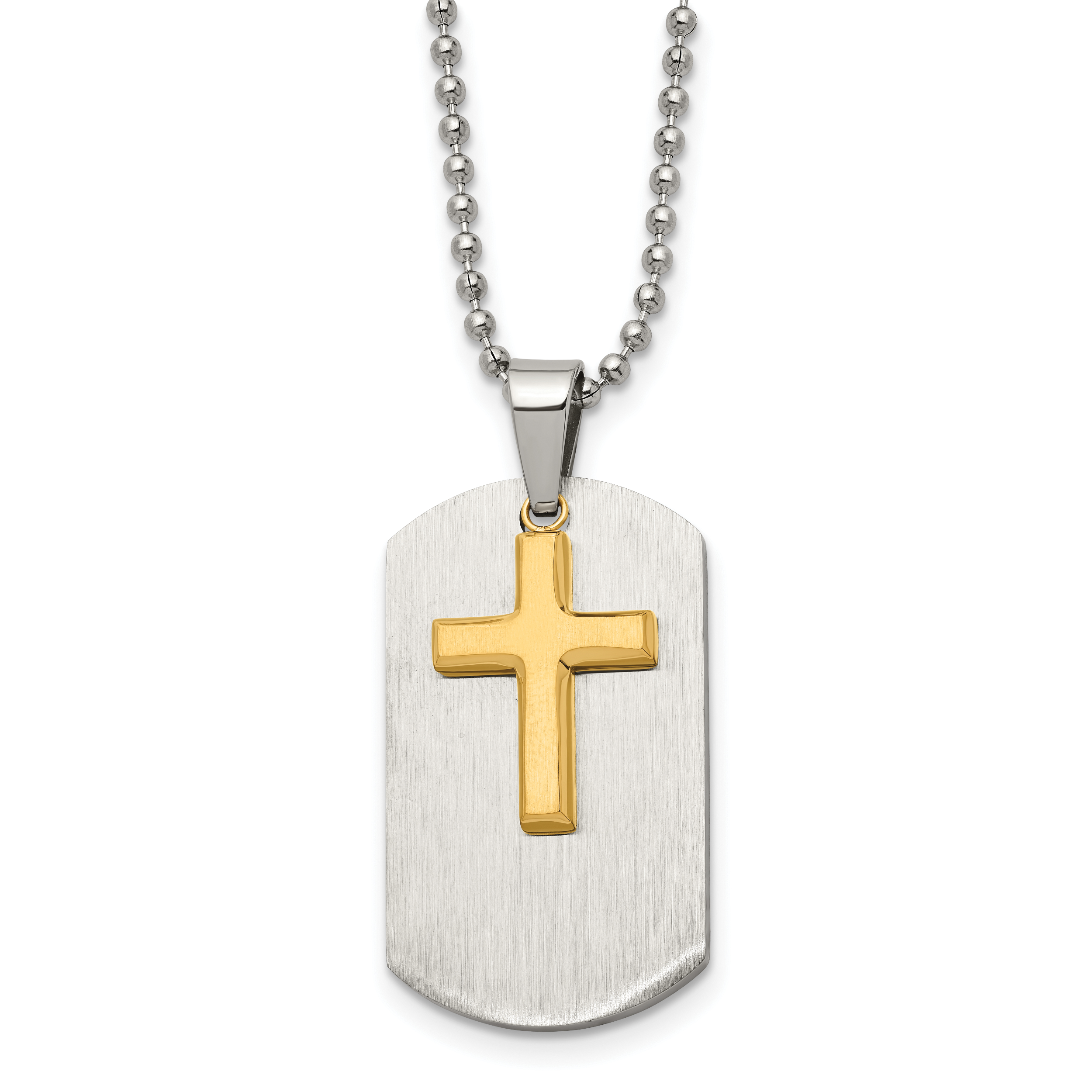 Chisel Stainless Steel Brushed and Polished Yellow IP-plated 2 Piece Cross Dog Tag on a 22 inch Ball Chain Necklace Main image