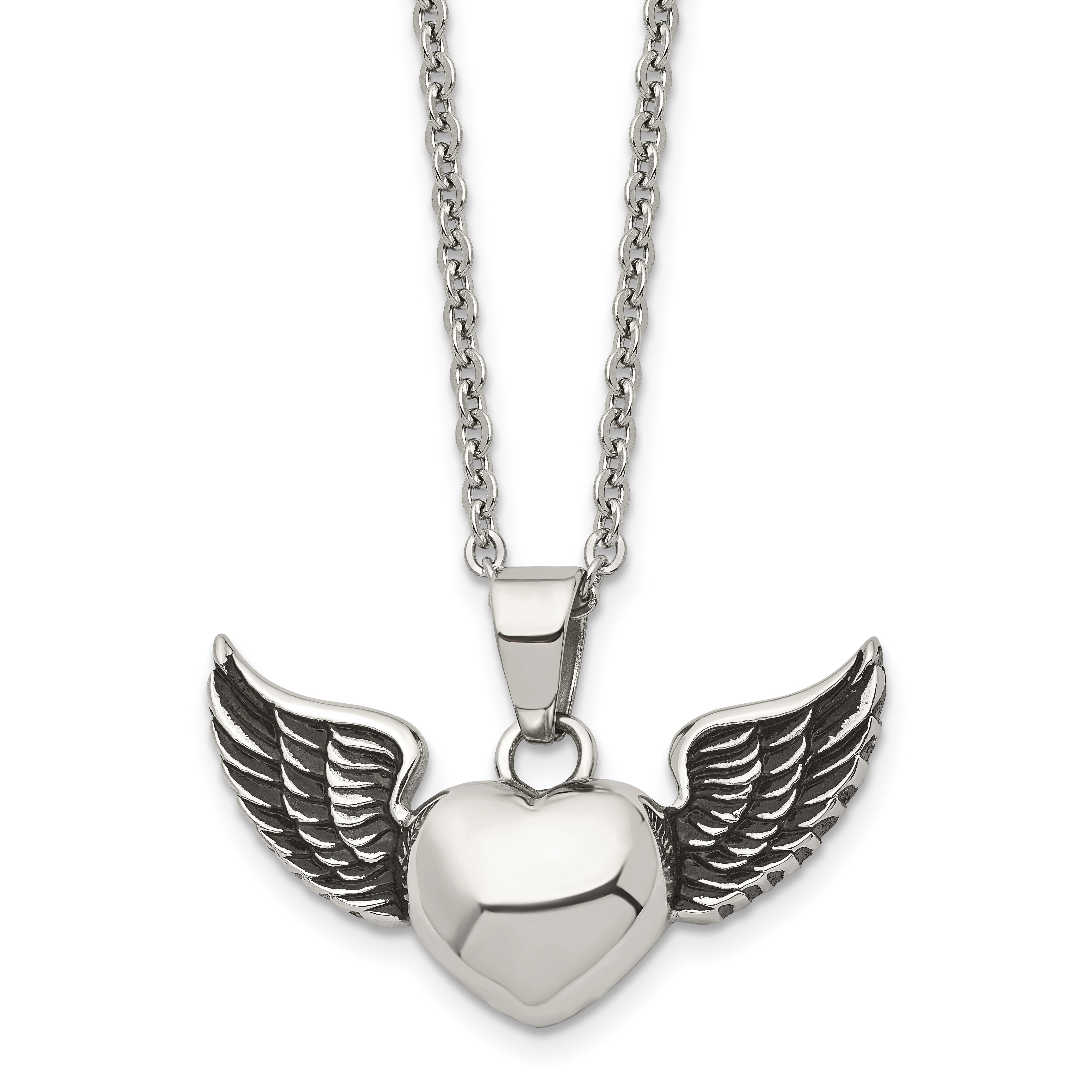 Chisel Stainless Steel Antiqued and Polished Heart with Wings Pendant on an 18 inch Cable Chain Necklace Main image