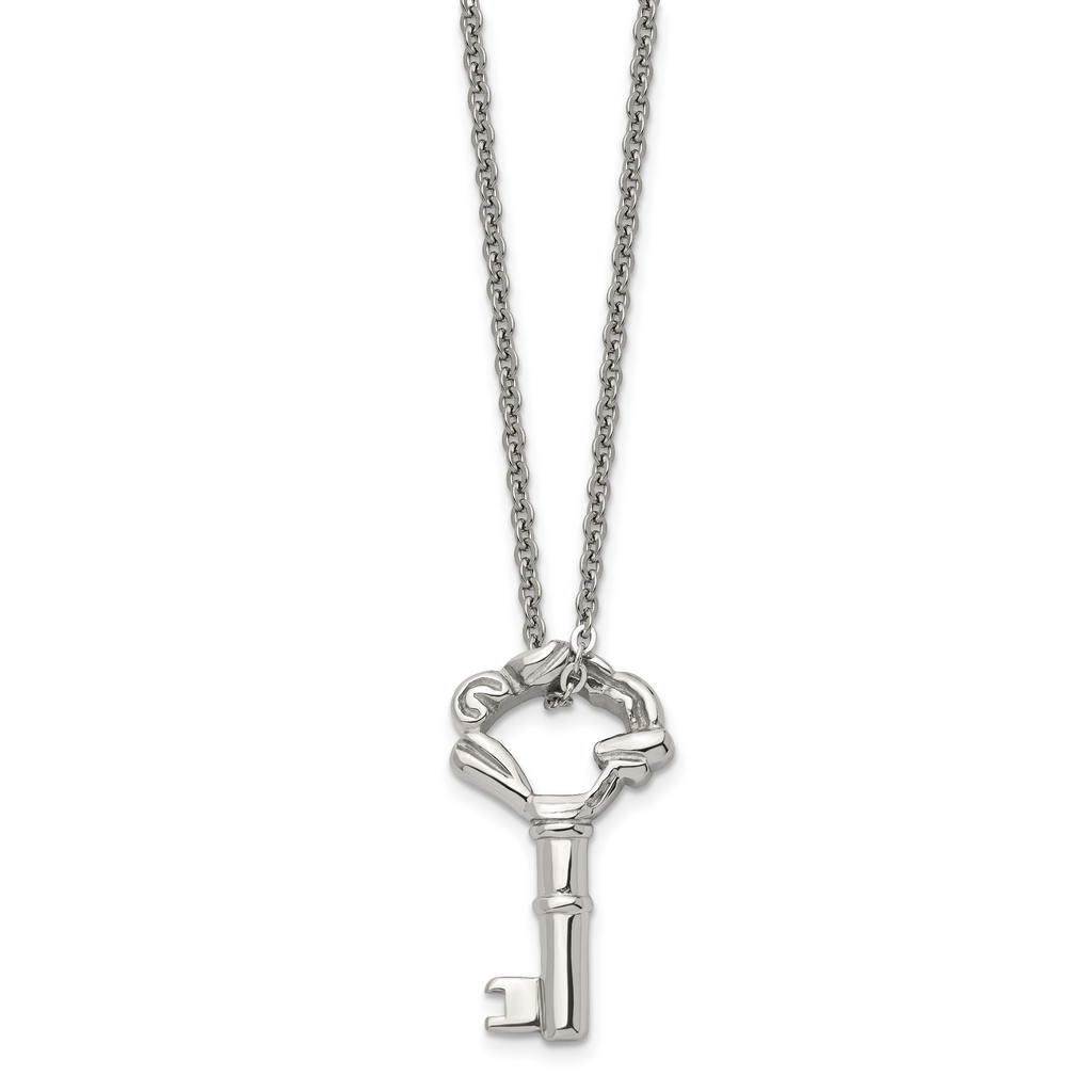 Polished Fancy Key Necklace in Stainless Steel, 18in