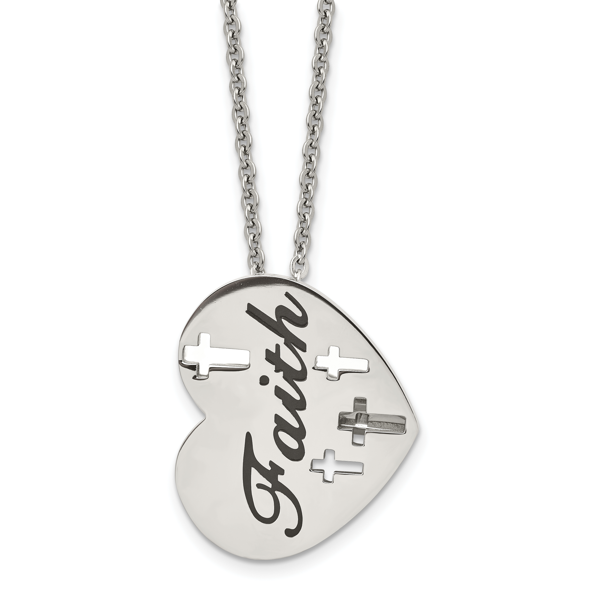 Chisel Stainless Steel Polished and Enameled FAITH Heart with Cross Cut out Pendnat on a 20 inch Cable Chain Necklace Main image