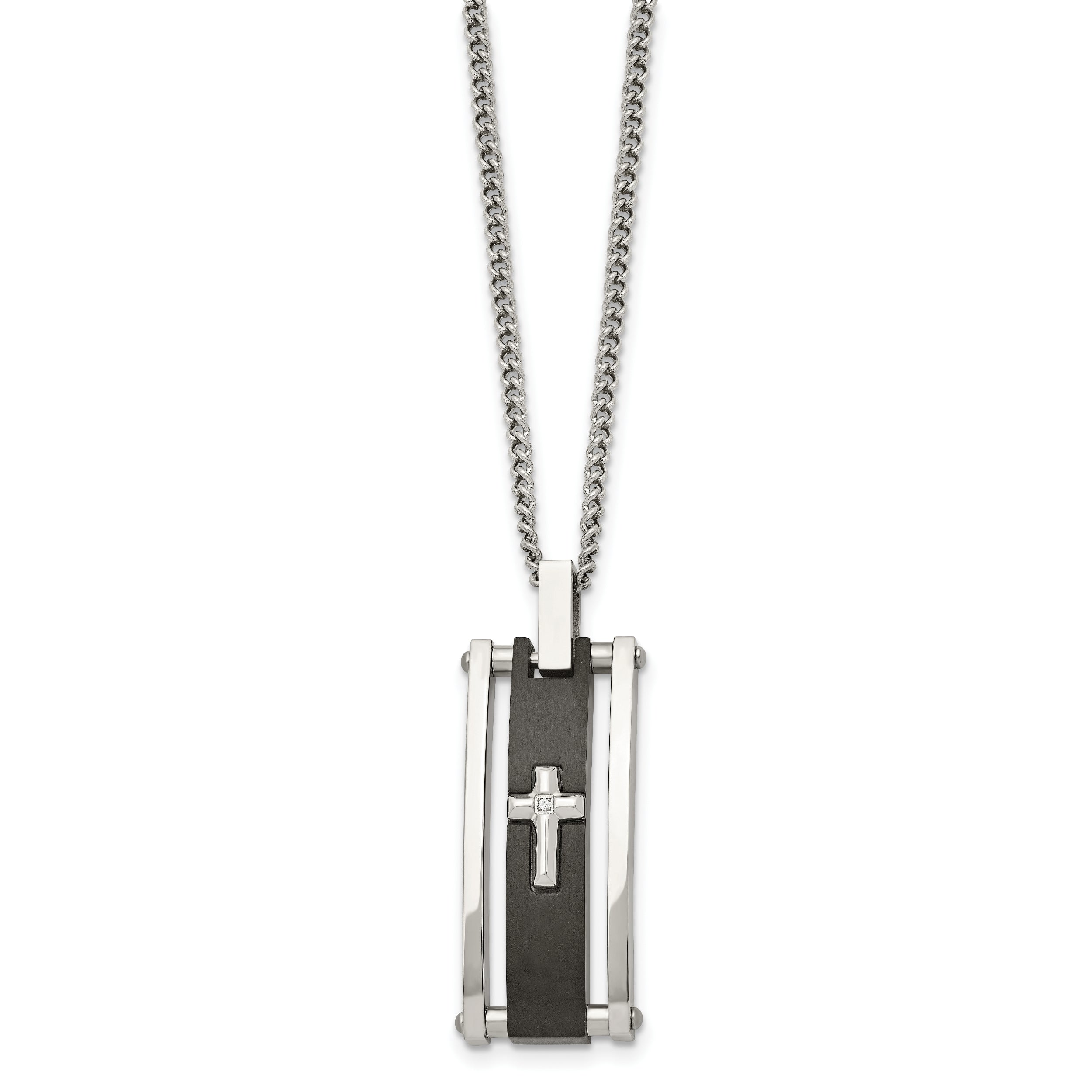Chisel Stainless Steel Polished Black IP-plated with CZ Cross Pendant on a 22 inch Curb Chain Necklace