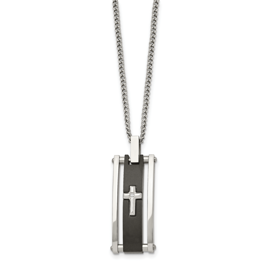 Chisel Stainless Steel Polished Black IP-plated with CZ Cross Pendant on a 22 inch Curb Chain Necklace