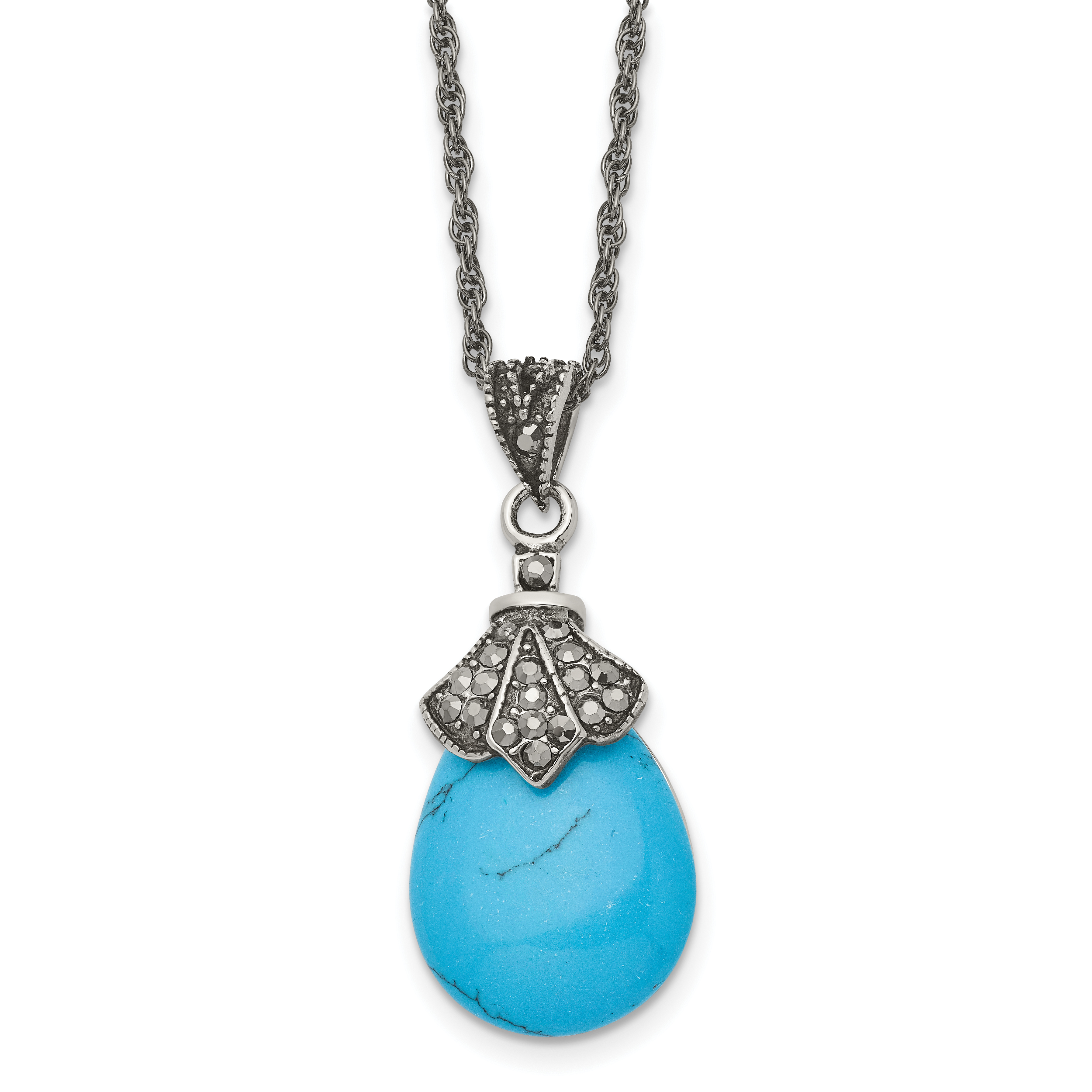 Stainless Steel Antiqued Simulated Turquoise Marcasite 18in Necklace Main image