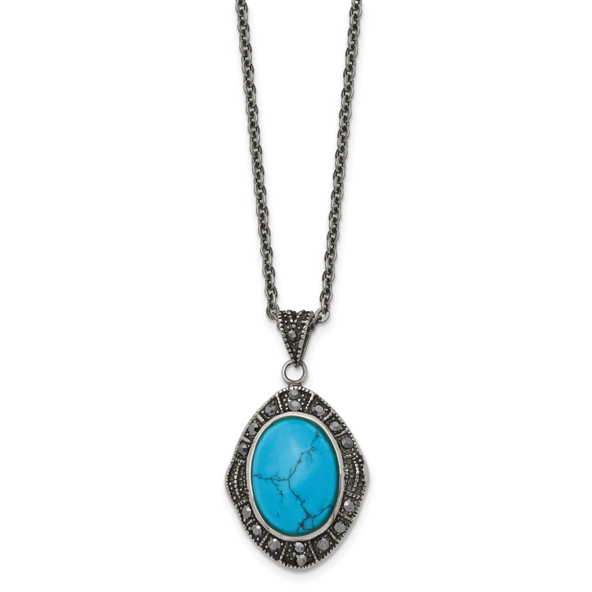 Stainless Steel Antiqued Simulated Turquoise Marcasite 18in Necklace