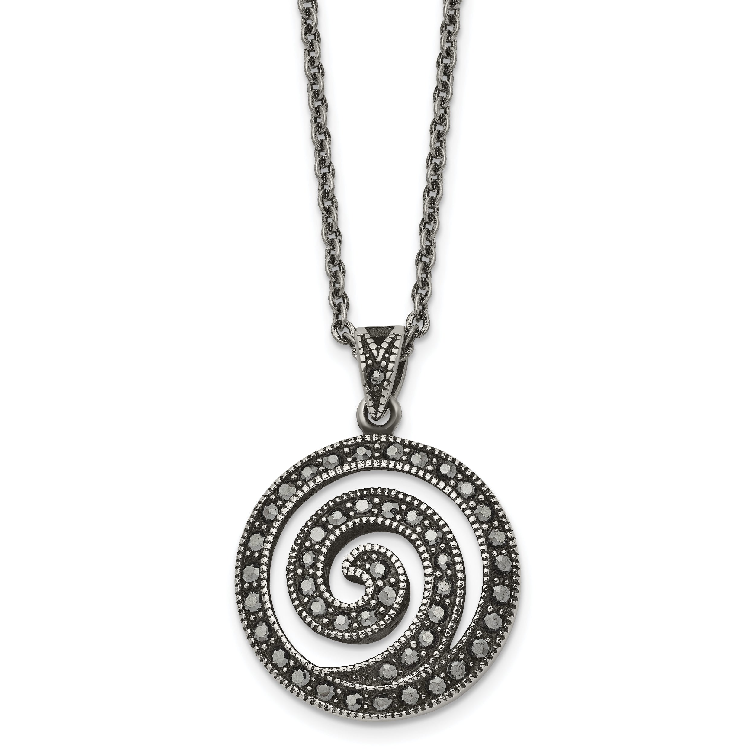 Chisel Stainless Steel Antiqued and Polished Marcasite Swirl Pendant on an 18 inch Cable Chain Necklace