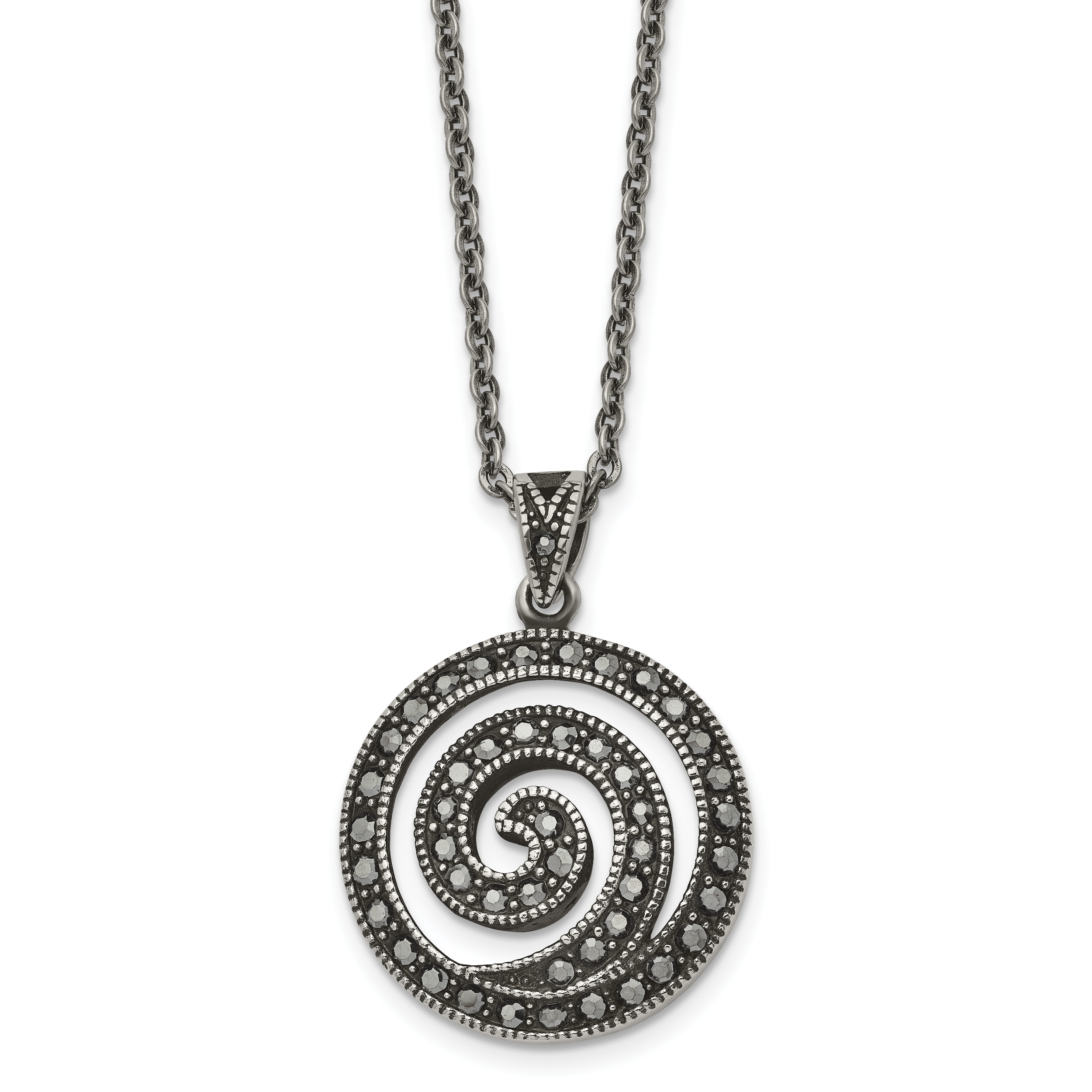 Chisel Stainless Steel Antiqued and Polished Marcasite Swirl Pendant on an 18 inch Cable Chain Necklace Main image