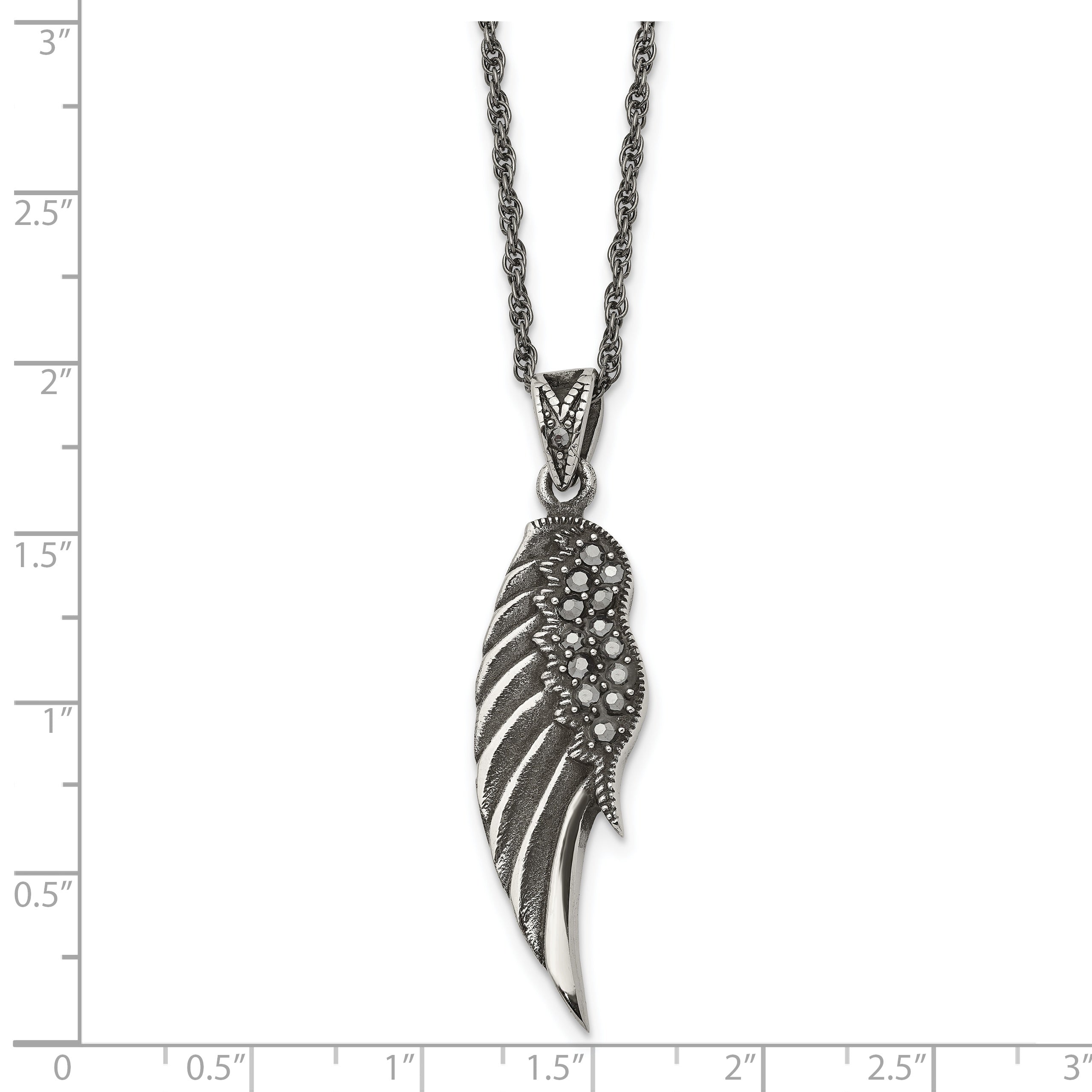 Chisel Stainless Steel Antiqued and Polished with Marcasite Wing Pendant on a 20 inch Singapore Chain Necklace