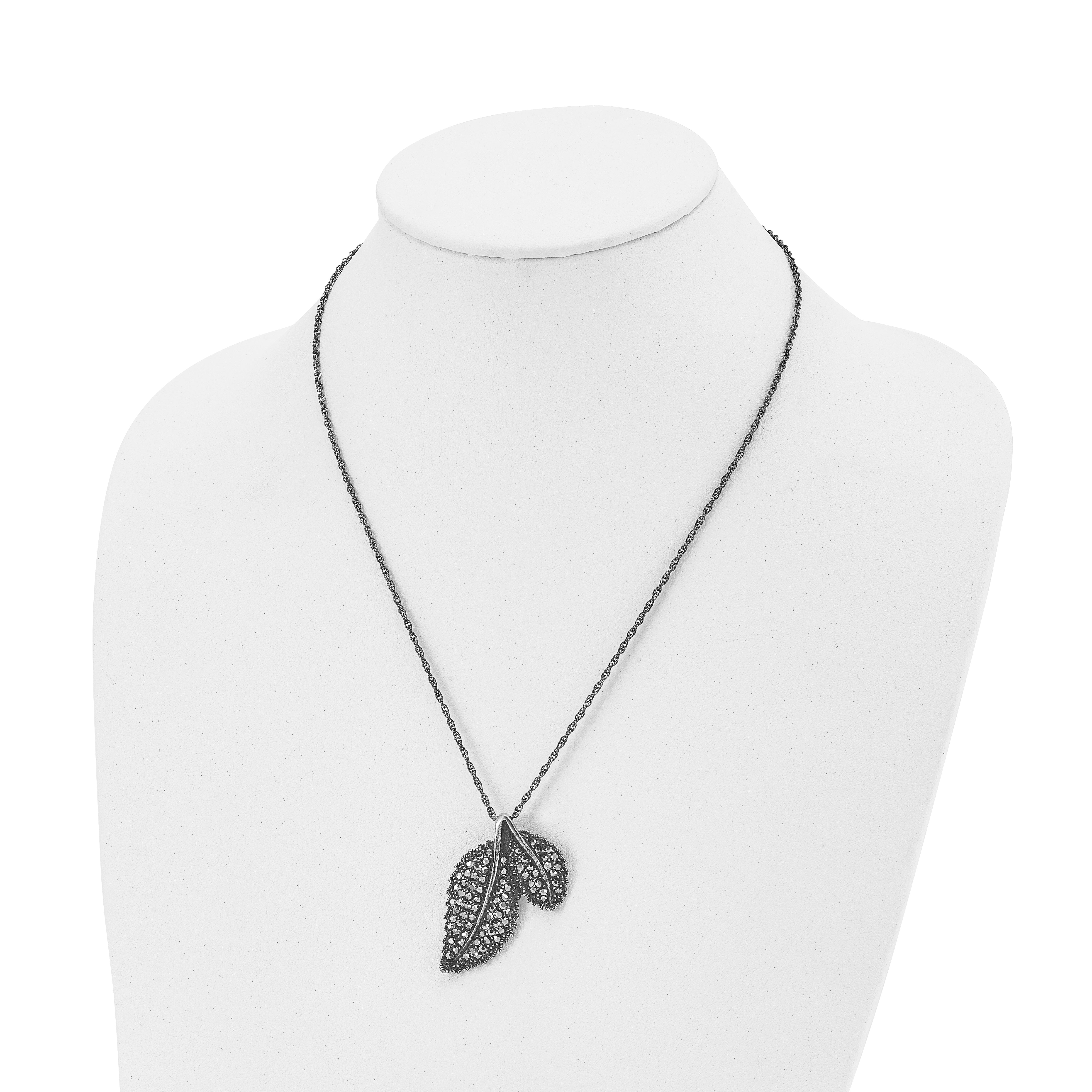 Stainless Steel Antiqued and Polished w/Marcasite Leaf 20in Necklace