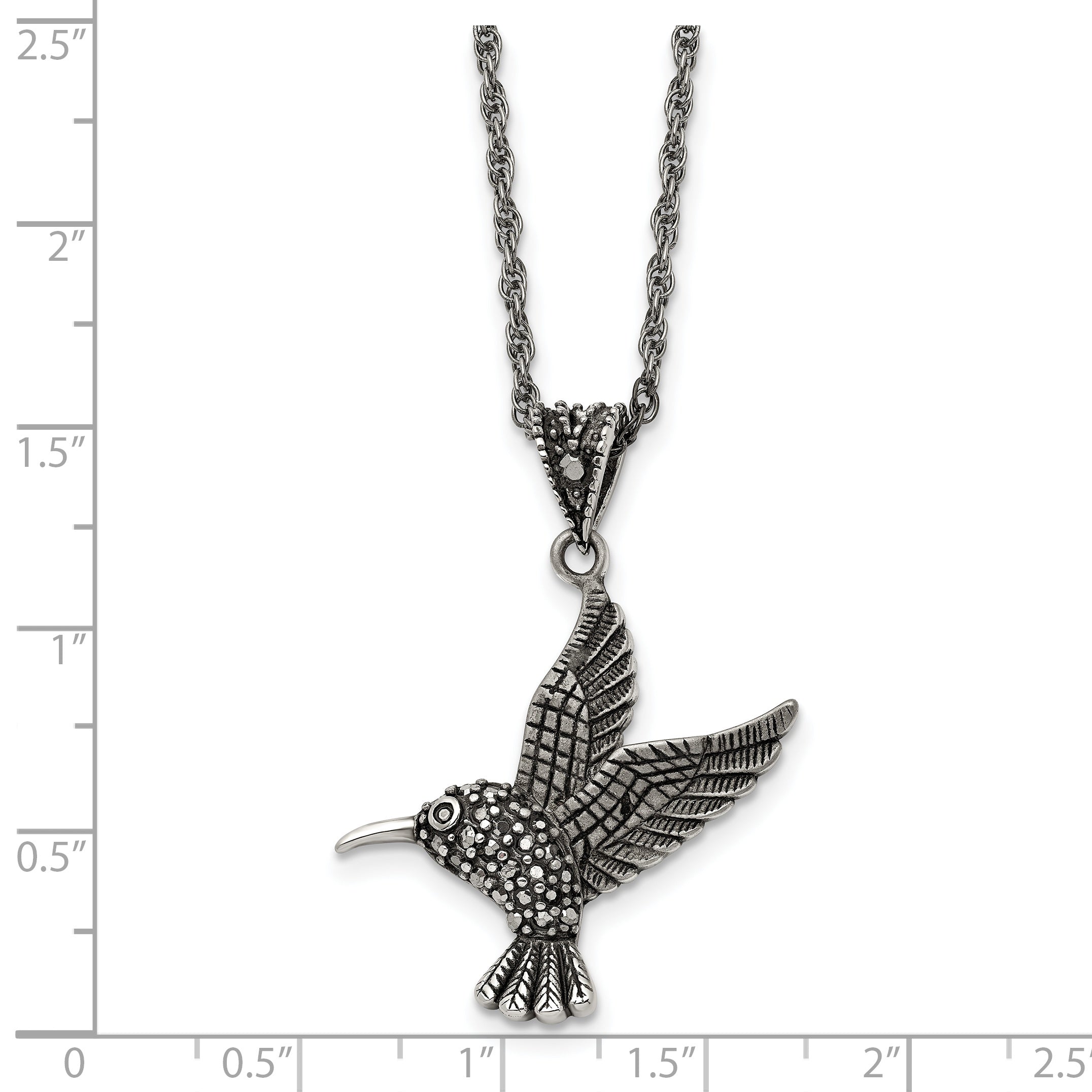 Chisel Stainless Steel Antiqued and Polished with Marcasite Hummingbird Pendant on an 18 inch Singapore Chain Necklace