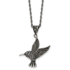 Chisel Stainless Steel Antiqued and Polished with Marcasite Hummingbird Pendant on an 18 inch Singapore Chain Necklace