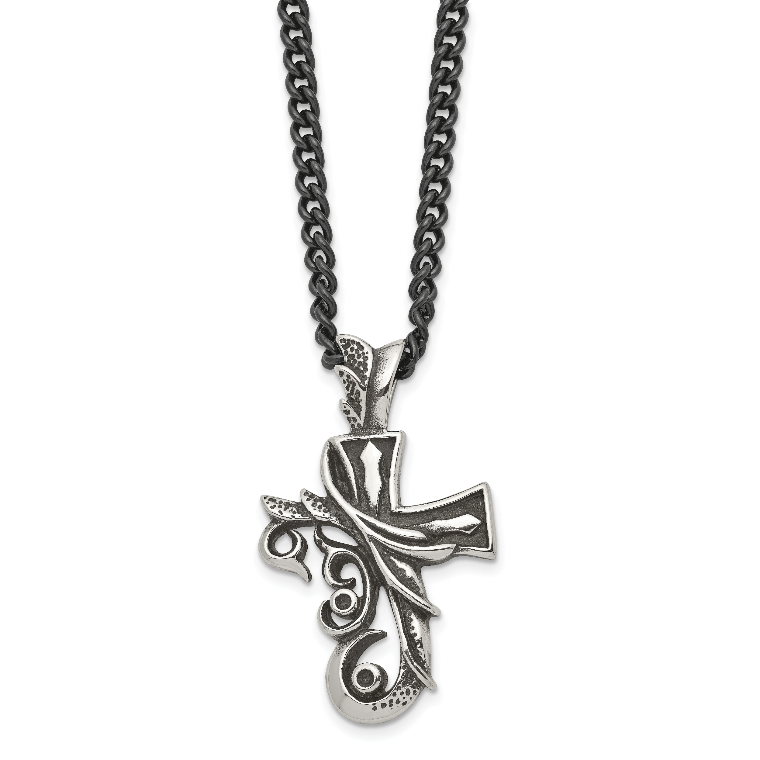 Chisel Stainless Steel Antiqued and Polished Fancy Cross Pendnat on a 20 inch Curb Chain Necklace Main image