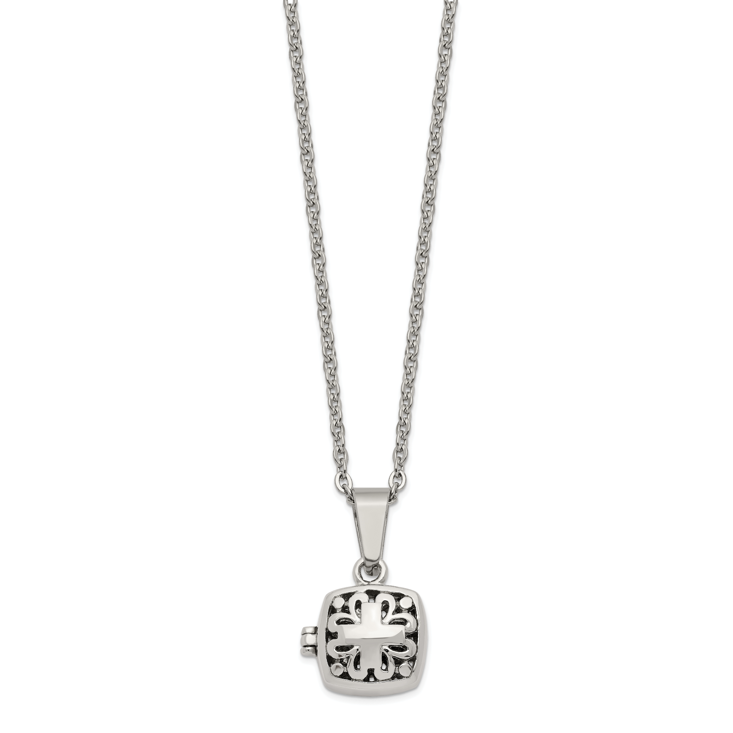 Chisel Stainless Steel Polished and Antiqued Magnetic Prayer Box on an 18 inch Cable Chain Necklace Main image