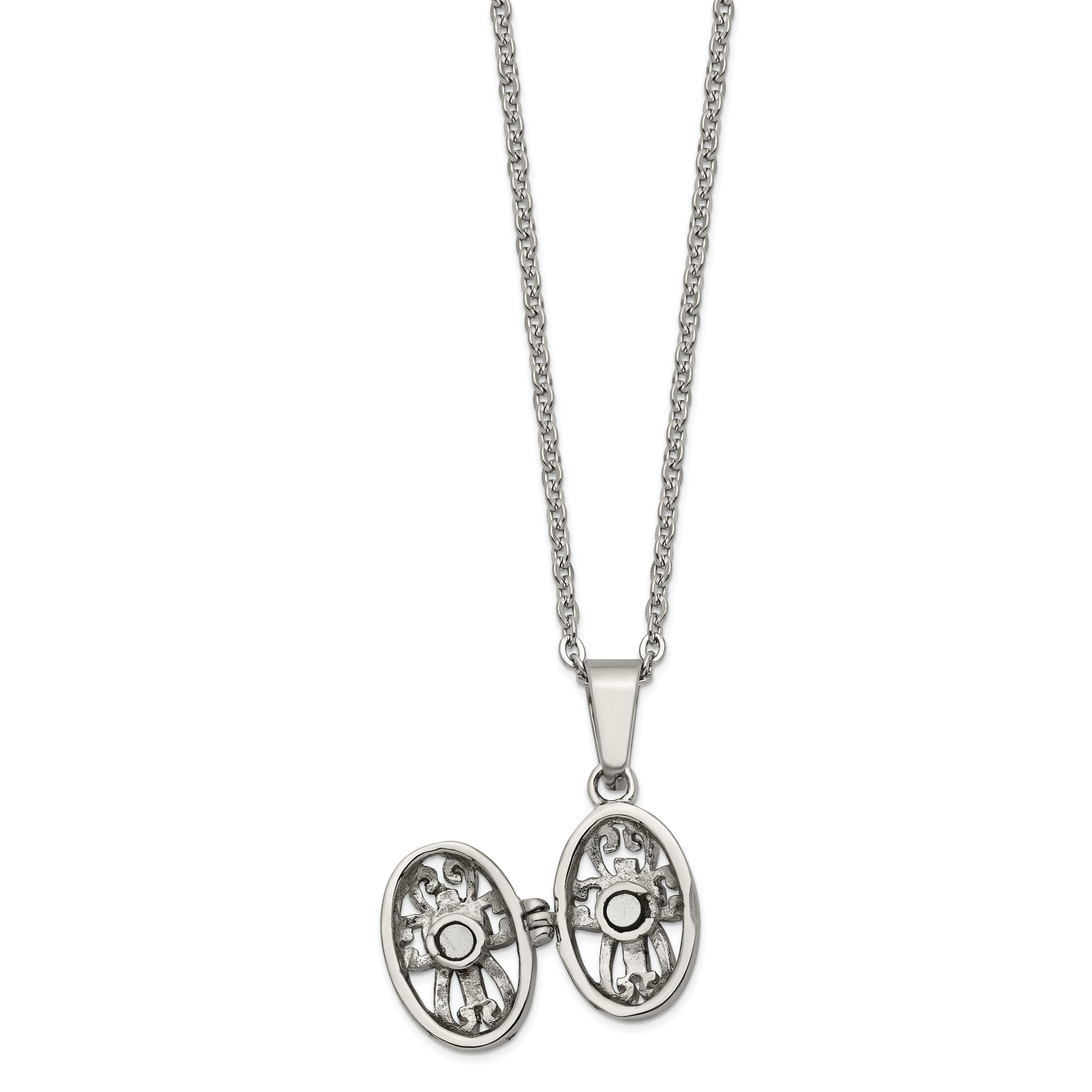 Oval Prayer Box Pendant Necklace in Stainless Steel, 18"