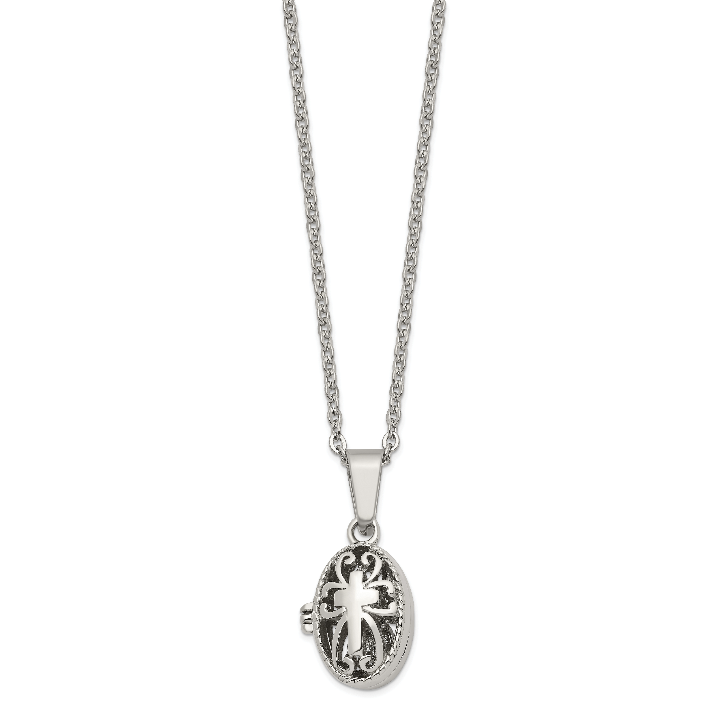 Chisel Stainless Steel Polished and Antiqued Oval Magnetic Prayer Box on an 18 inch Cable Chain Necklace Main image