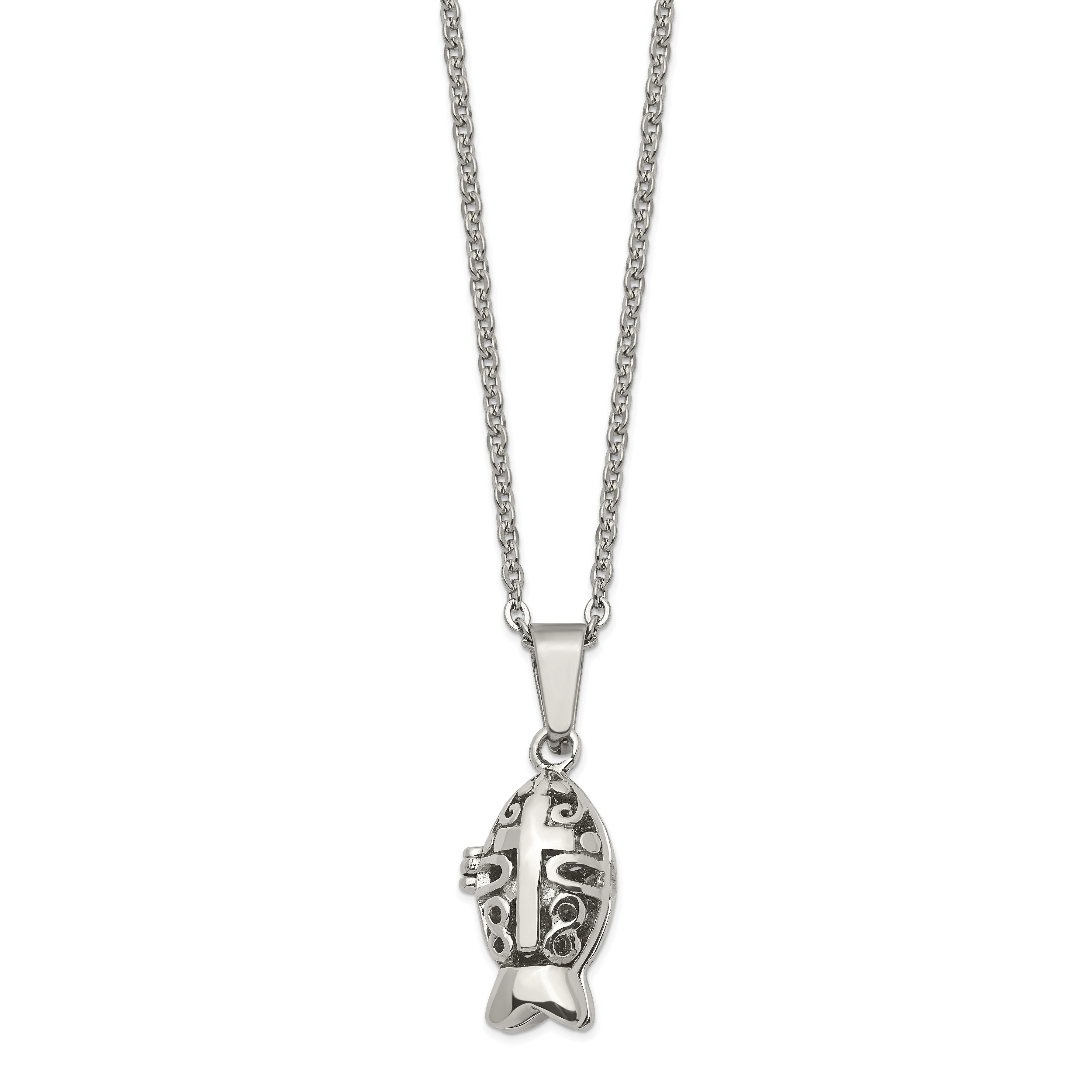 Chisel Stainless Steel Polished and Antiqued Magnetic Fish Prayer Box on an 18 inch Cable Chain Necklace Main image