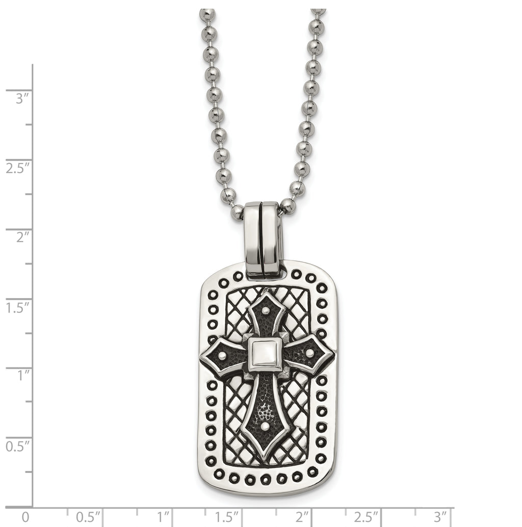 Stainless Steel Antiqued and Polished Cross Dog Tag 22in Necklace
