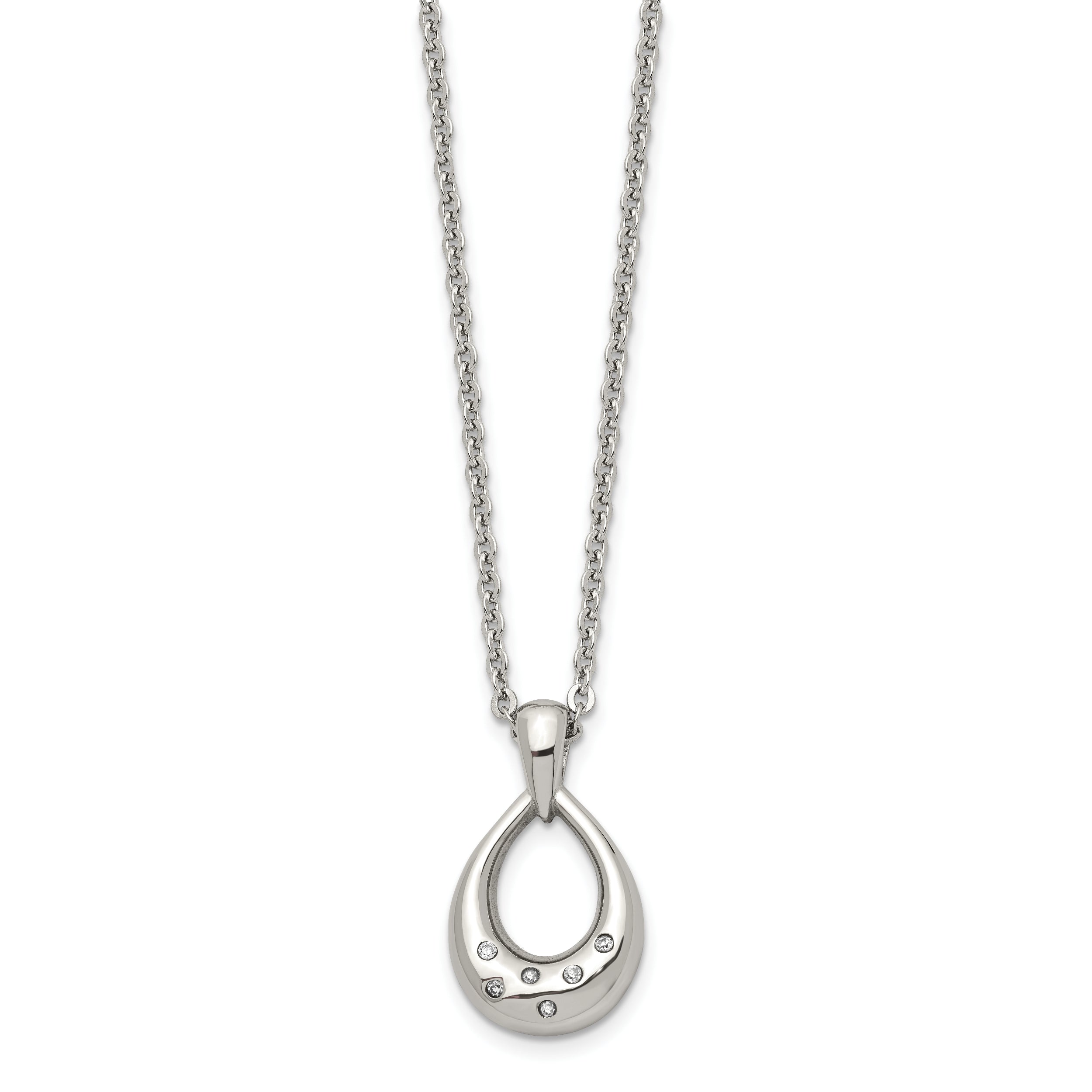 Stainless Steel Polished w/CZ Teardrop 18in Necklace