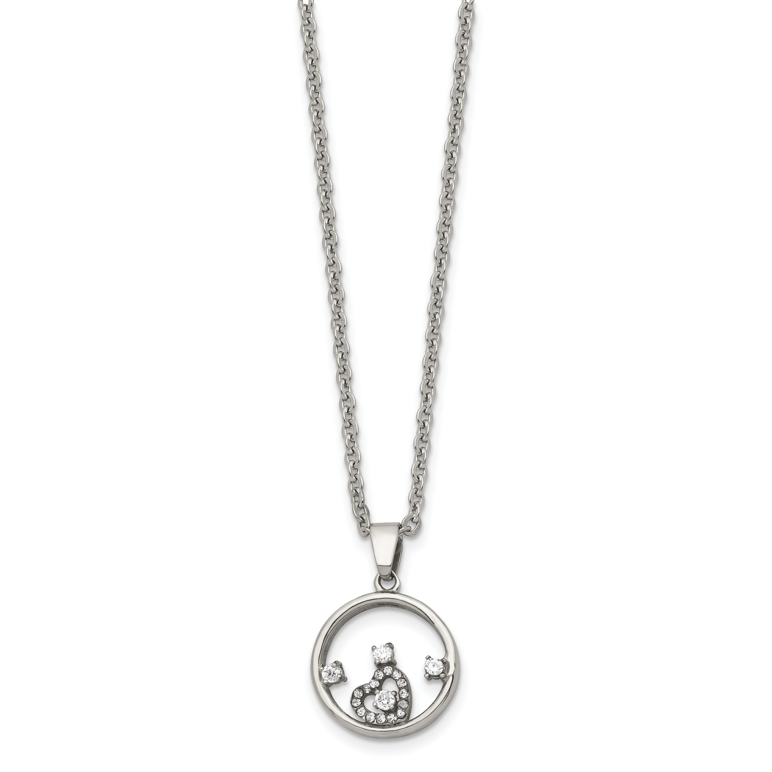 Chisel Stainless Steel Polished Circle with CZ and Heart Pendant on an 18 inch Cable Chain Necklace