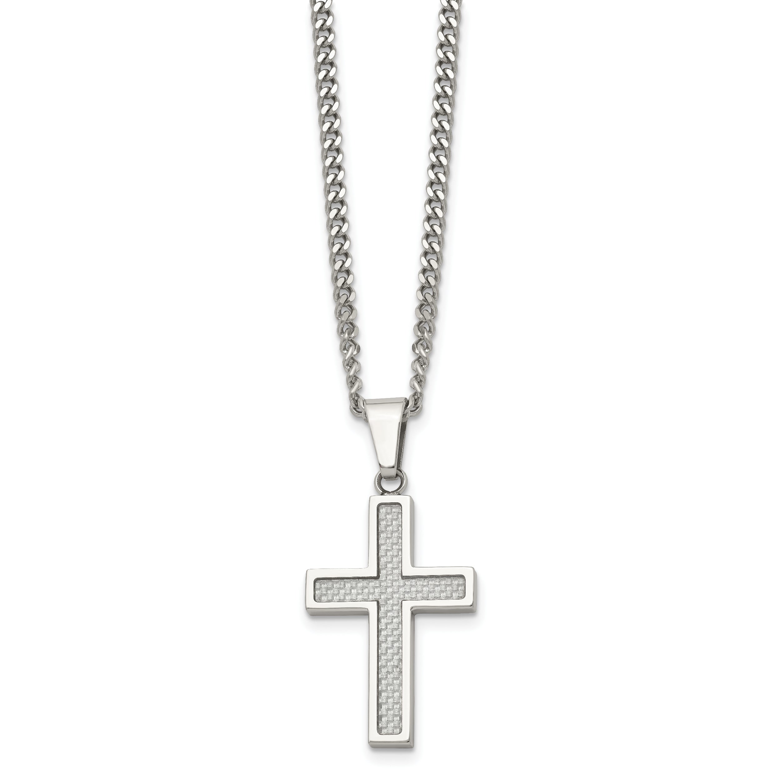 Chisel Stainless Steel Polished with Grey Carbon Fiber Inlay Small Cross Pendant on a 20 inch Curb Chain Necklace