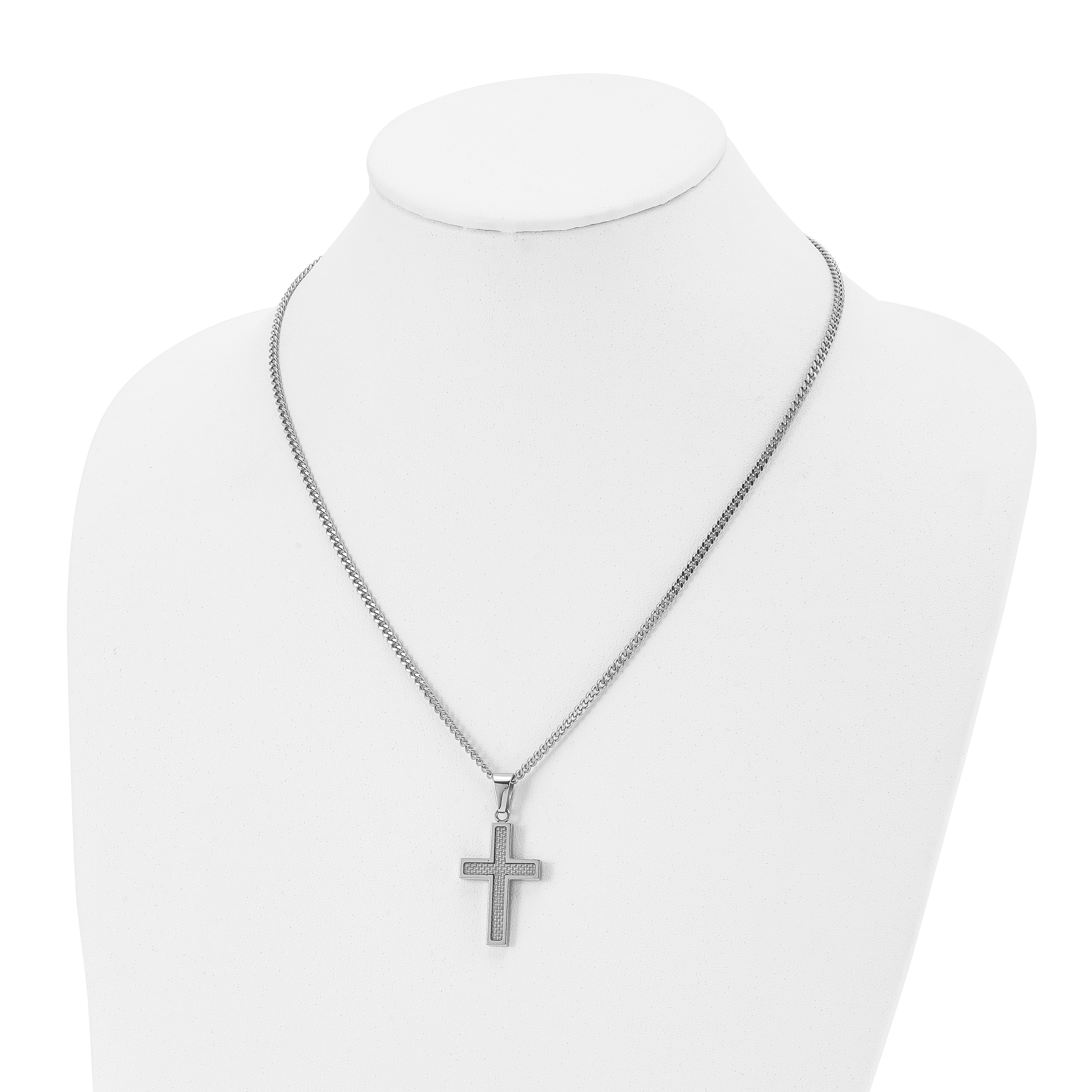 Chisel Stainless Steel Polished with Grey Carbon Fiber Inlay Small Cross Pendant on a 20 inch Curb Chain Necklace