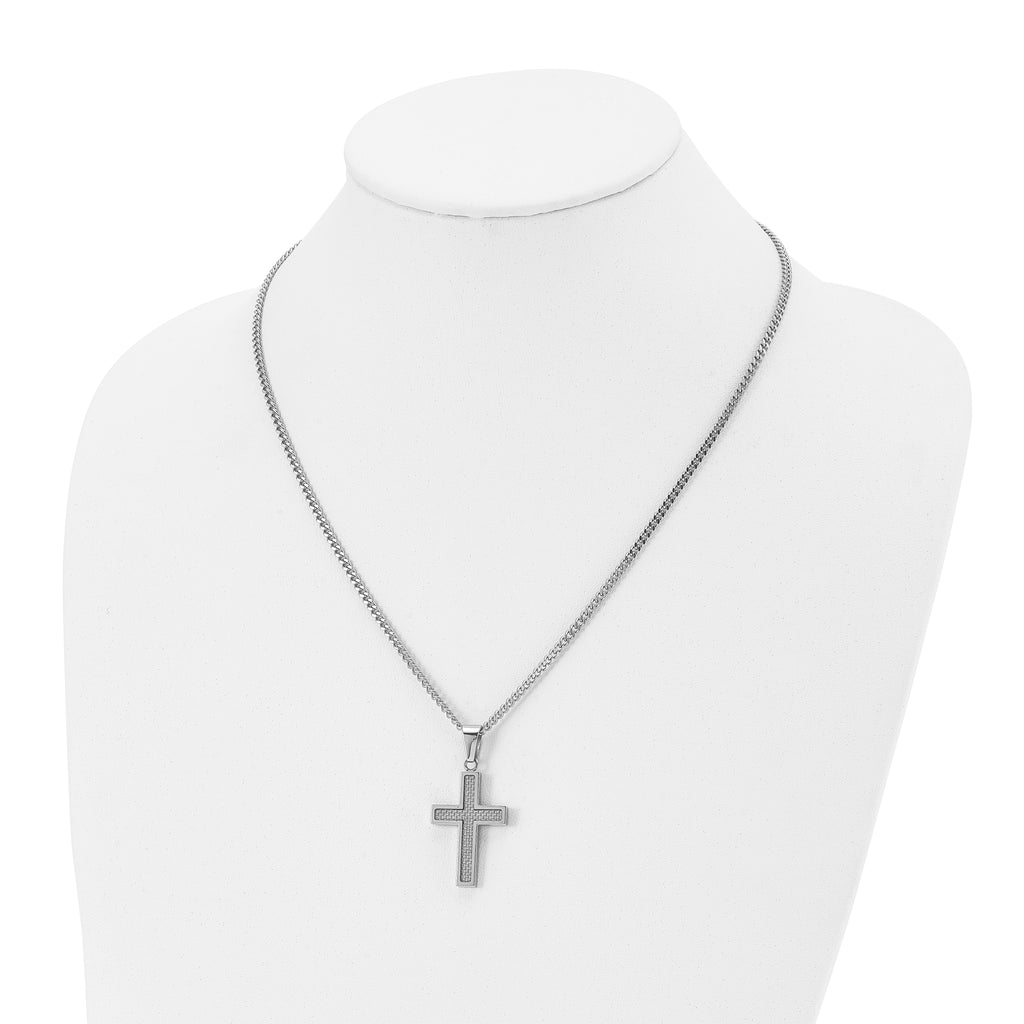 Chisel Stainless Steel Polished with Grey Carbon Fiber Inlay Small Cross Pendant on a 20 inch Curb Chain Necklace