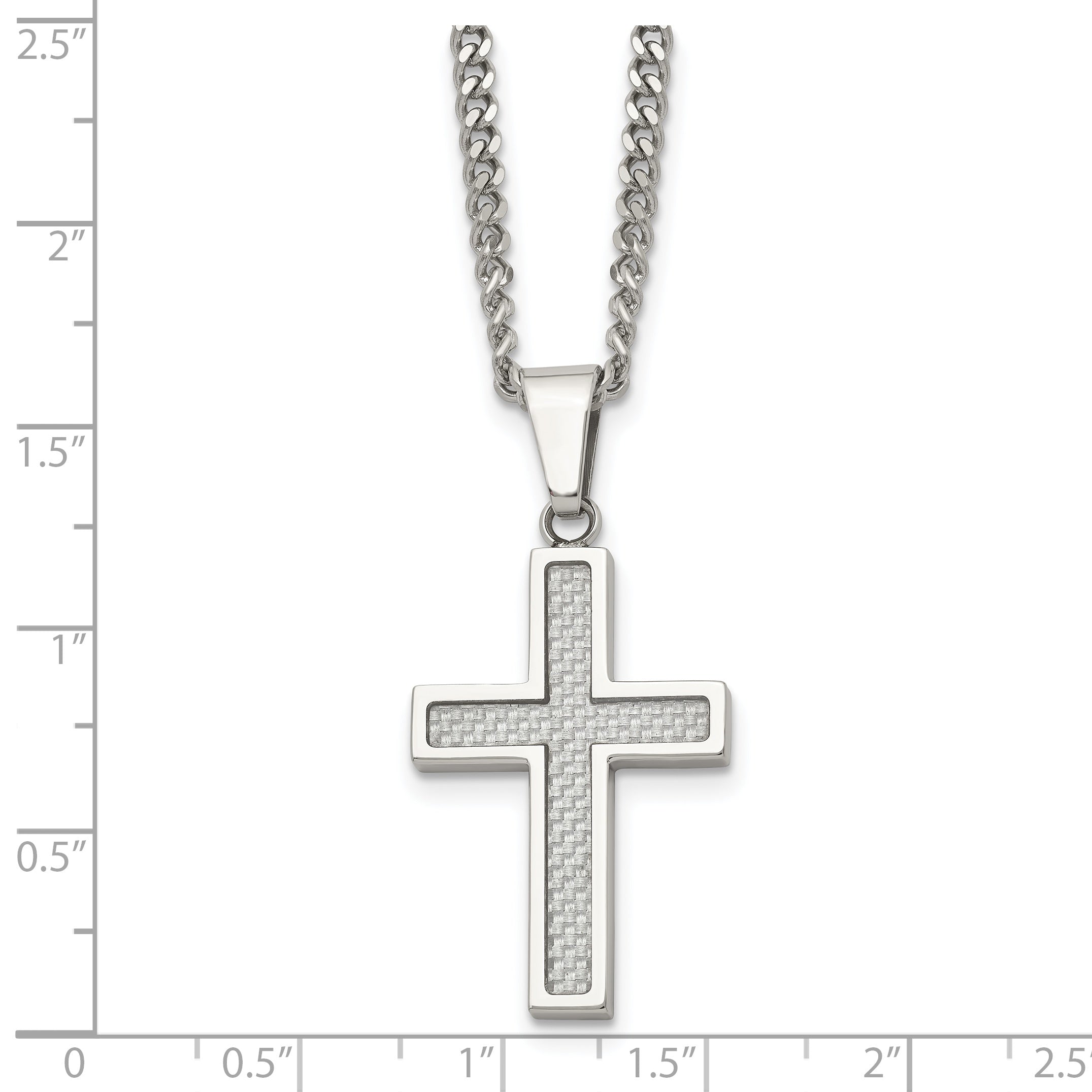 Chisel Stainless Steel Polished with Grey Carbon Fiber Inlay Small Cross Pendant on a 20 inch Curb Chain Necklace