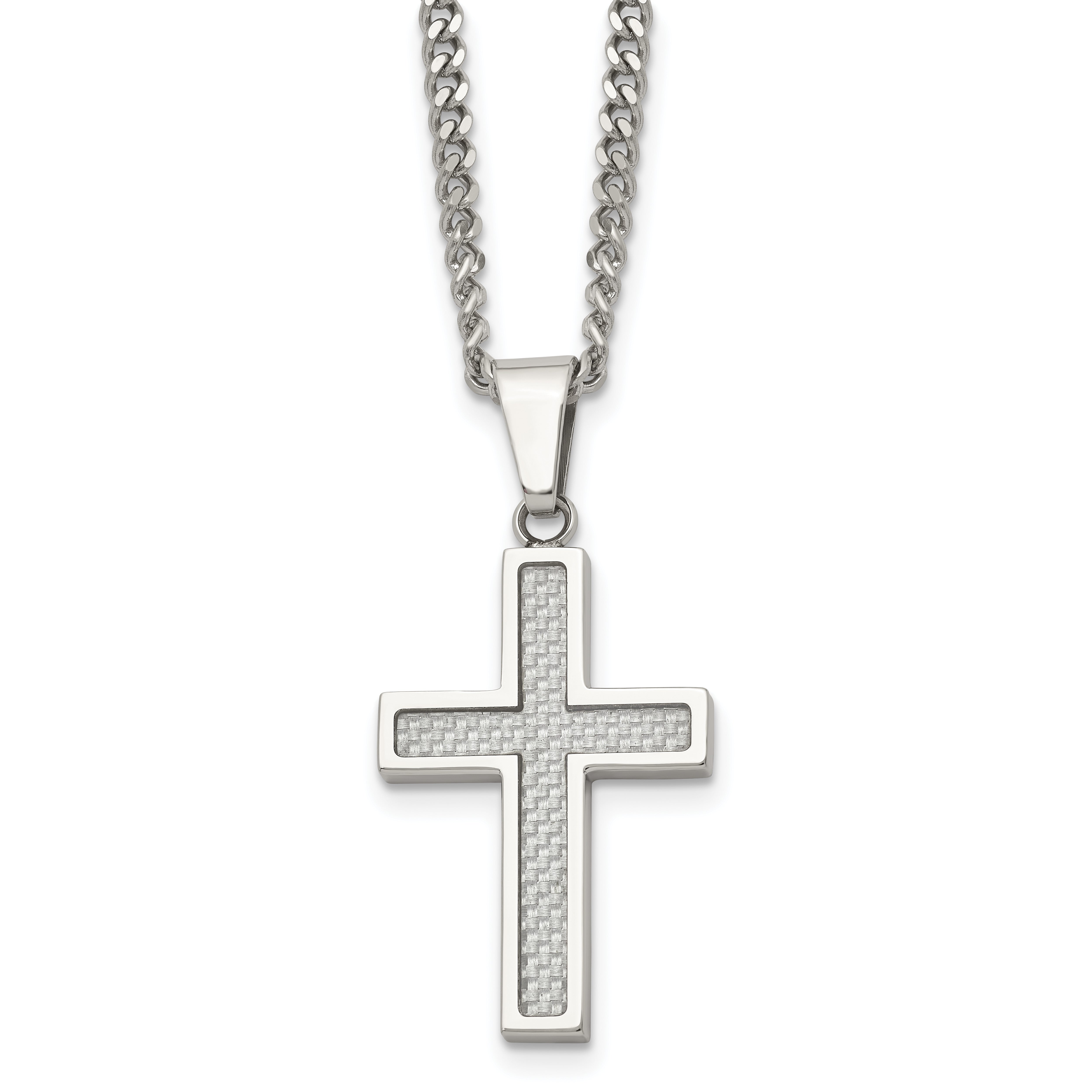 Chisel Stainless Steel Polished with Grey Carbon Fiber Inlay Small Cross Pendant on a 20 inch Curb Chain Necklace