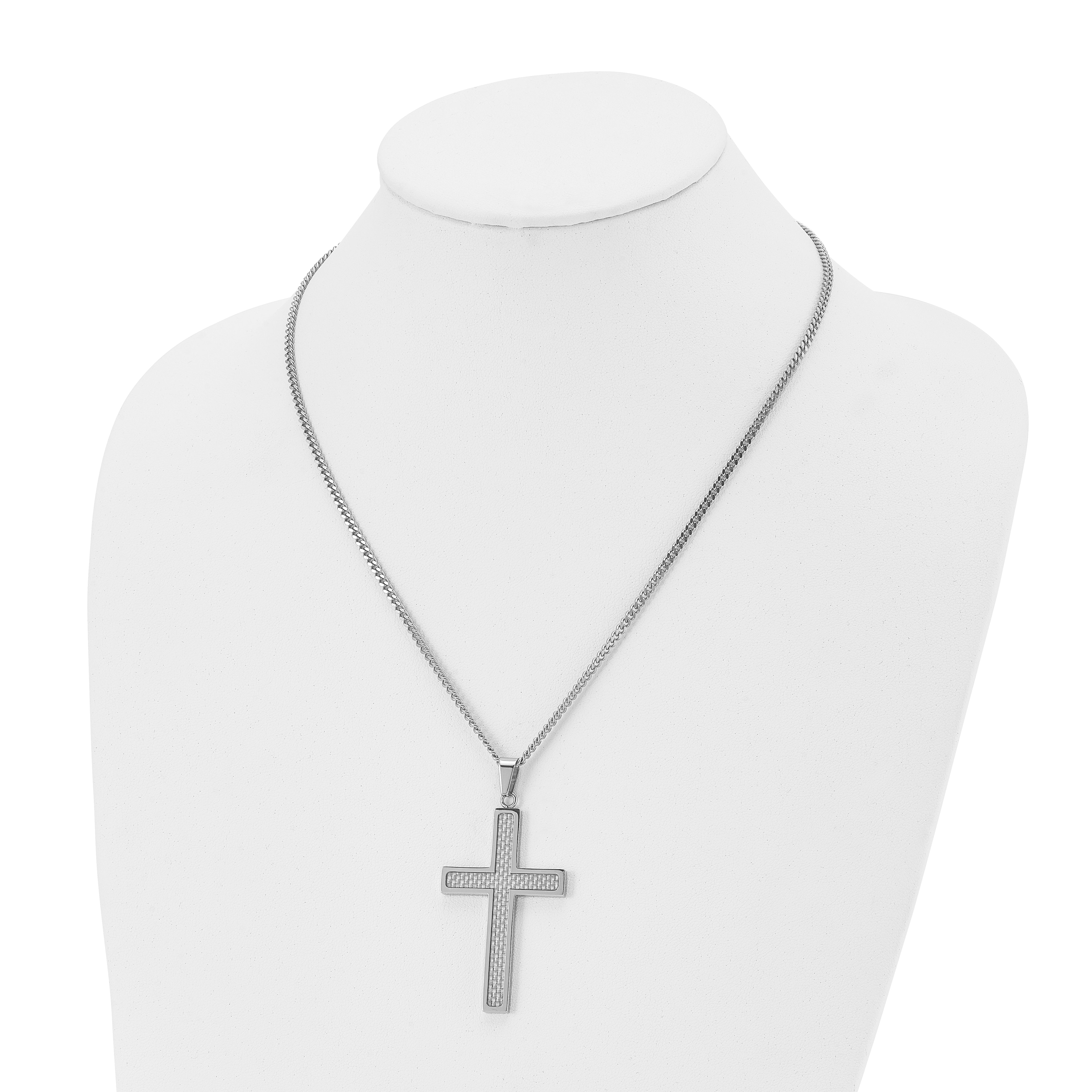 Chisel Stainless Steel Polished with Grey Carbon Fiber Inlay Large Cross Pendant on a 20 inch Curb Chain Necklace