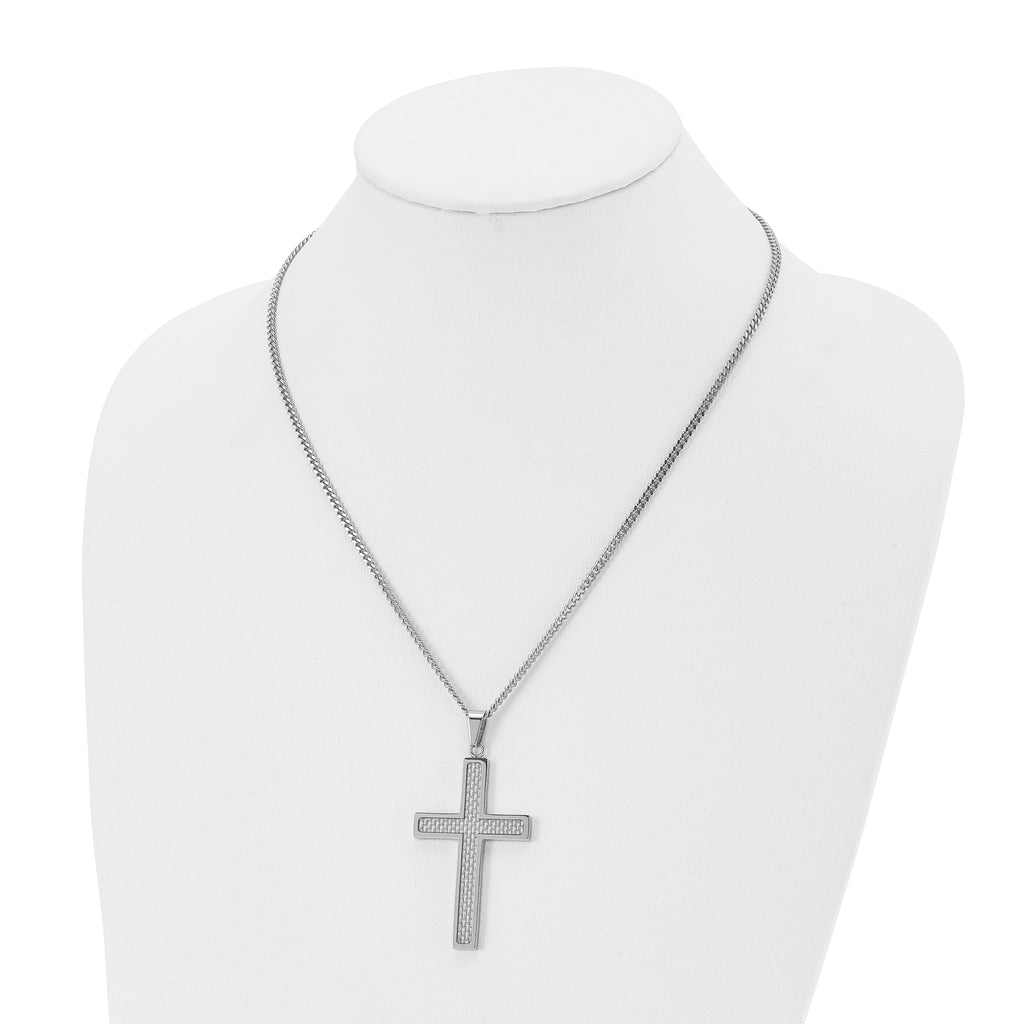 Chisel Stainless Steel Polished with Grey Carbon Fiber Inlay Large Cross Pendant on a 20 inch Curb Chain Necklace