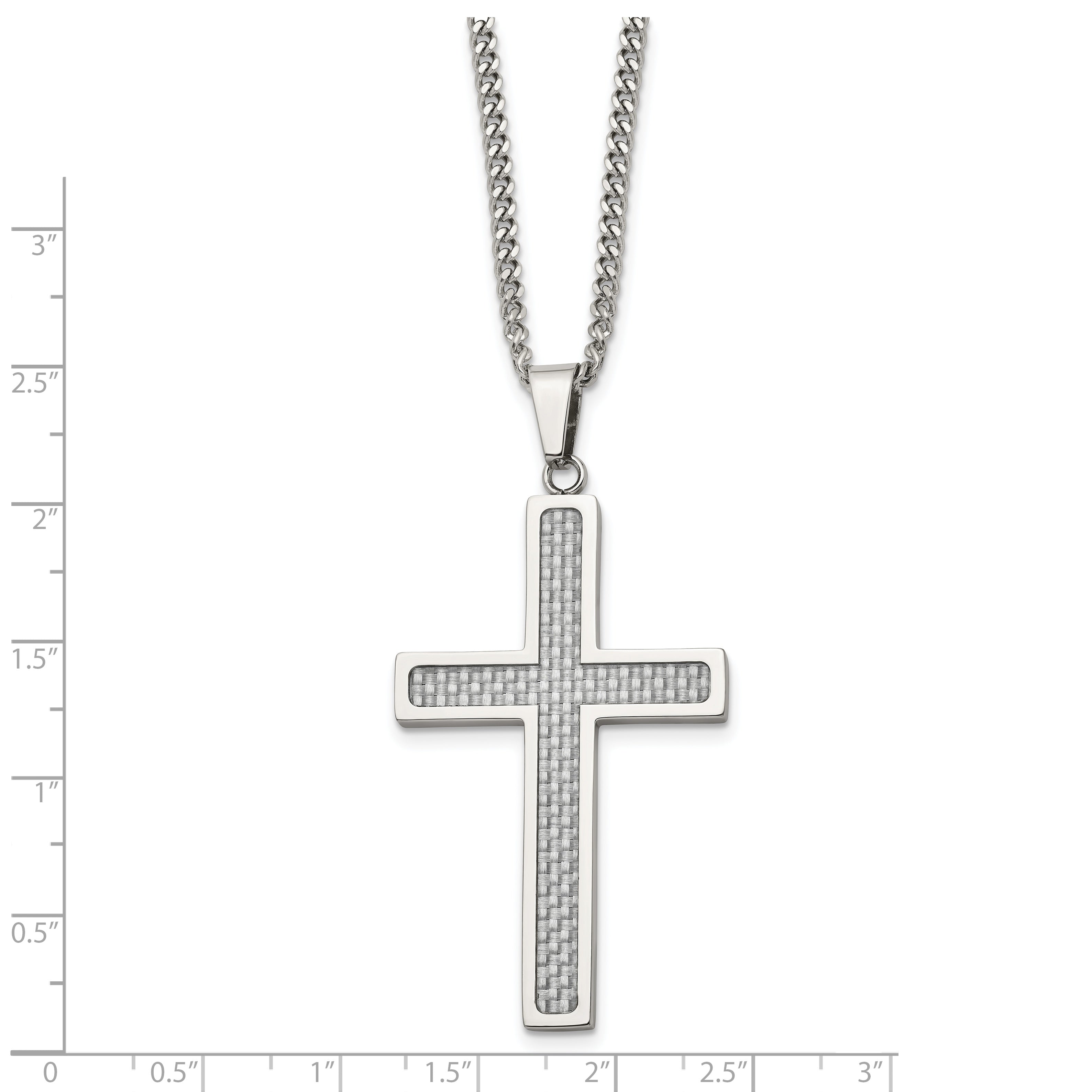 Chisel Stainless Steel Polished with Grey Carbon Fiber Inlay Large Cross Pendant on a 20 inch Curb Chain Necklace