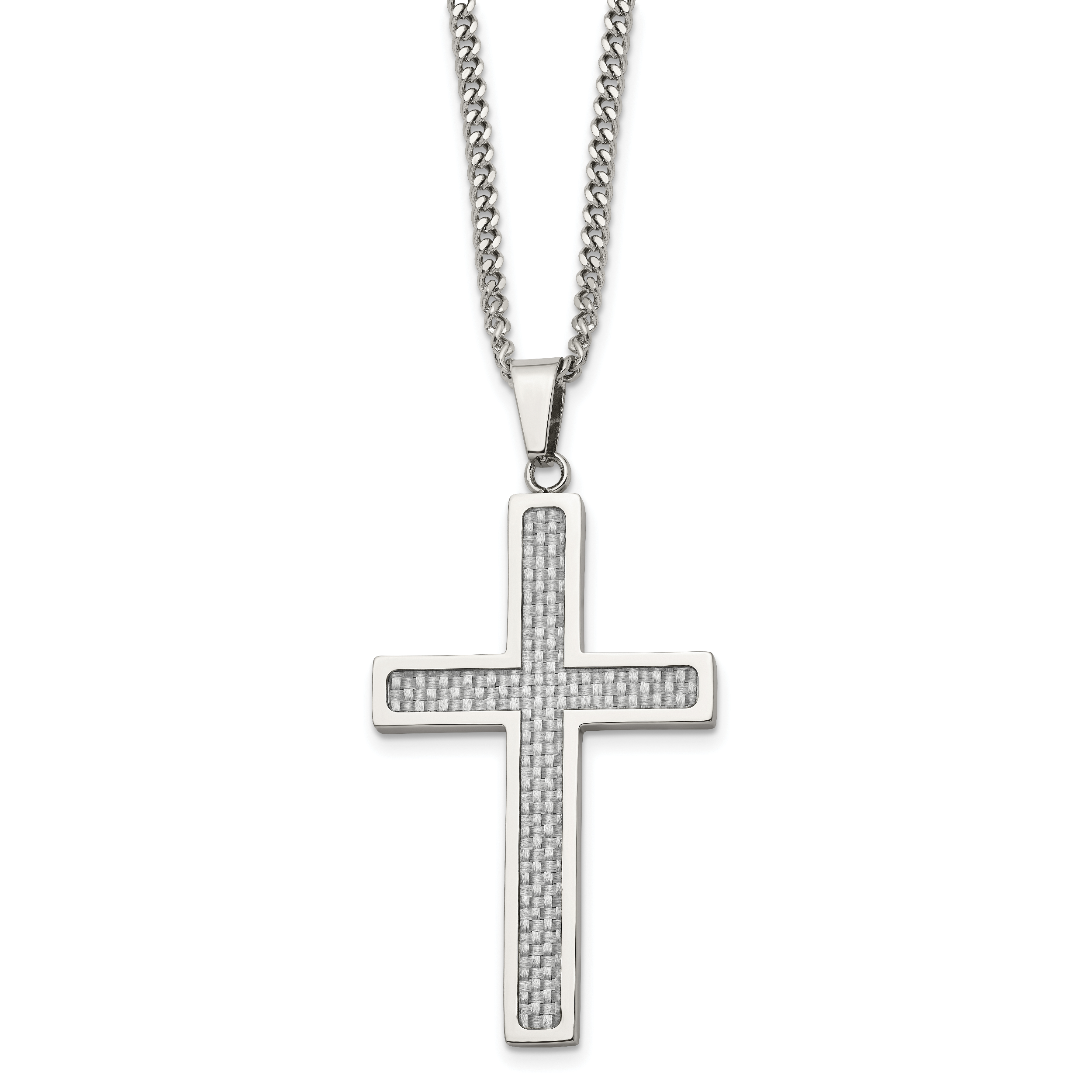 Chisel Stainless Steel Polished with Grey Carbon Fiber Inlay Large Cross Pendant on a 20 inch Curb Chain Necklace Main image
