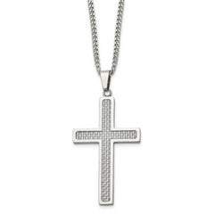 Chisel Stainless Steel Polished with Grey Carbon Fiber Inlay Large Cross Pendant on a 20 inch Curb Chain Necklace