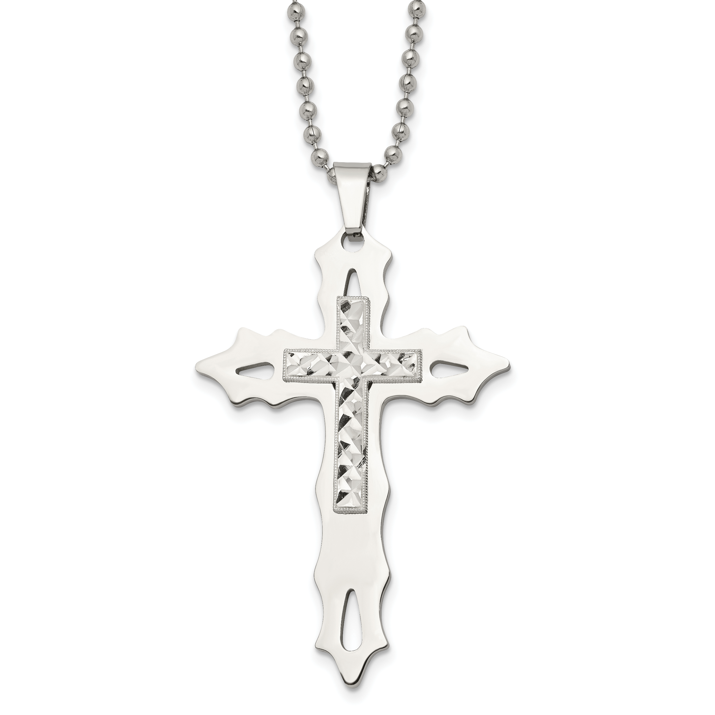 Chisel Stainless Steel Polished with Sterling Silver Inlay Cross Pendant on a 20 inch Ball Chain Necklace Main image