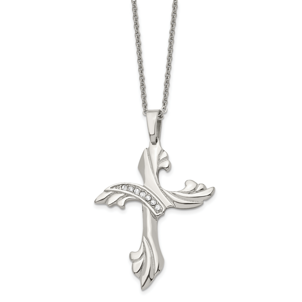 Chisel Stainless Steel Polished with CZ Swirl Cross Pendant on a 20 inch Cable Chain Necklace