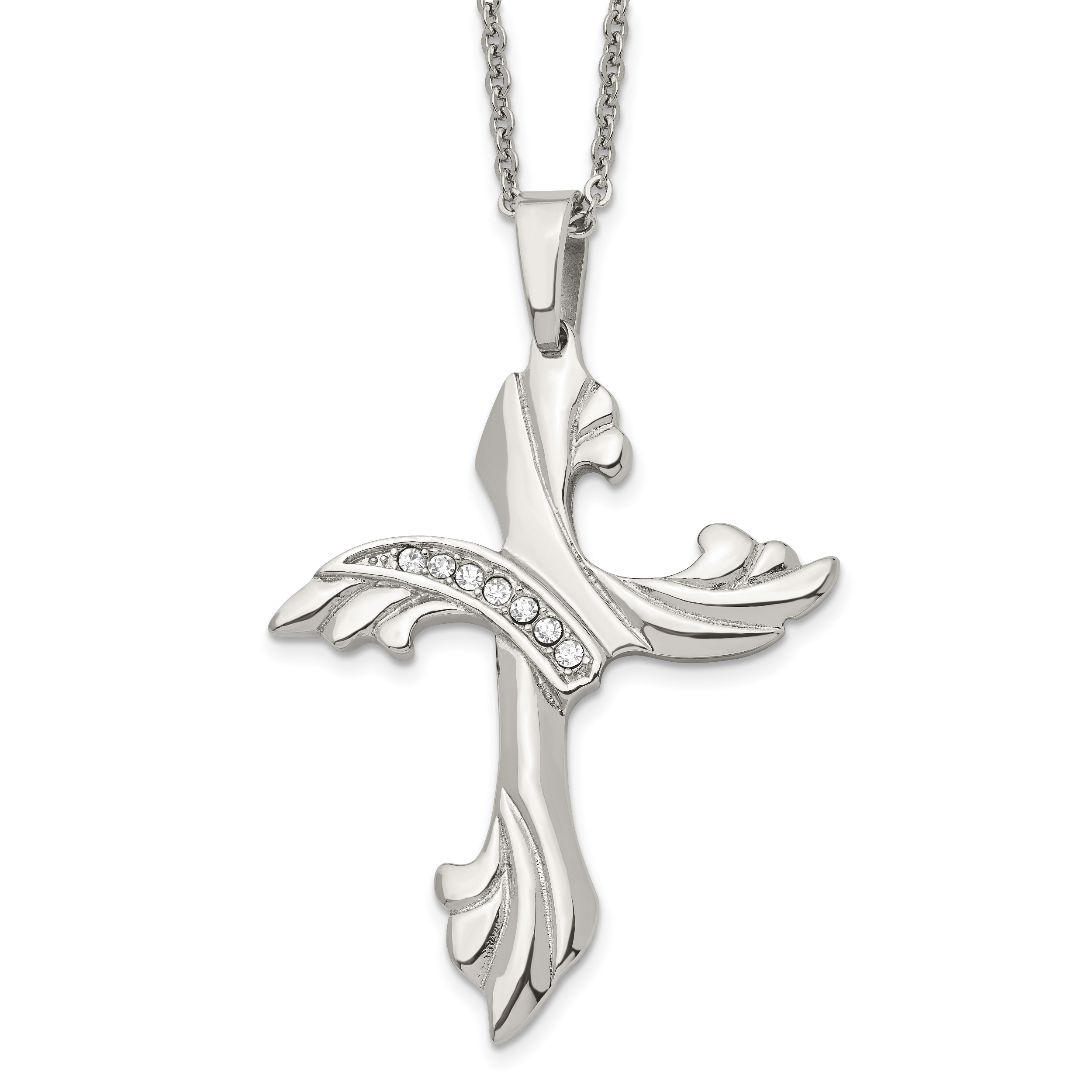 Chisel Stainless Steel Polished with CZ Swirl Cross Pendant on a 20 inch Cable Chain Necklace Main image