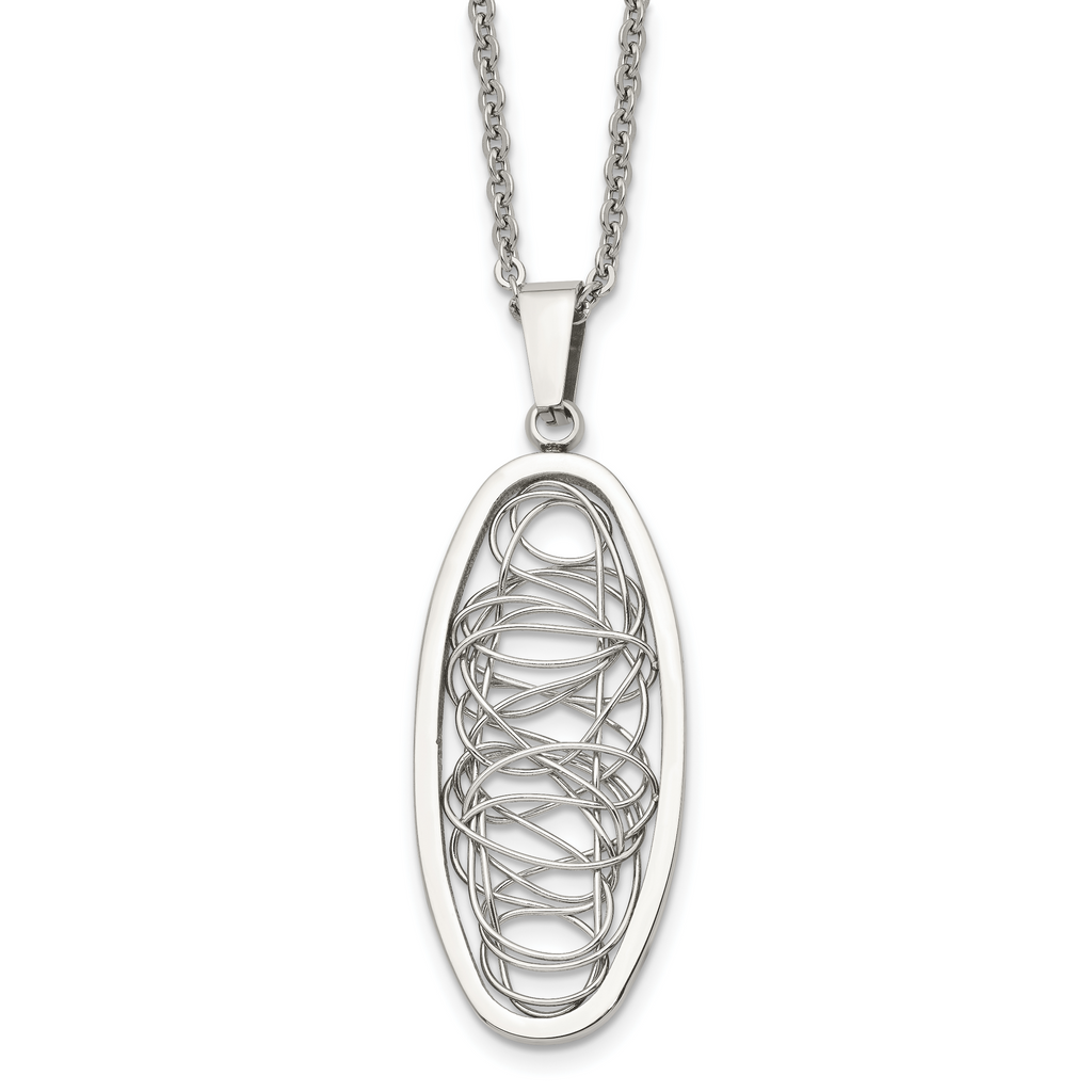 Stainless Steel Polished Wire Designed Oval 18in Necklace