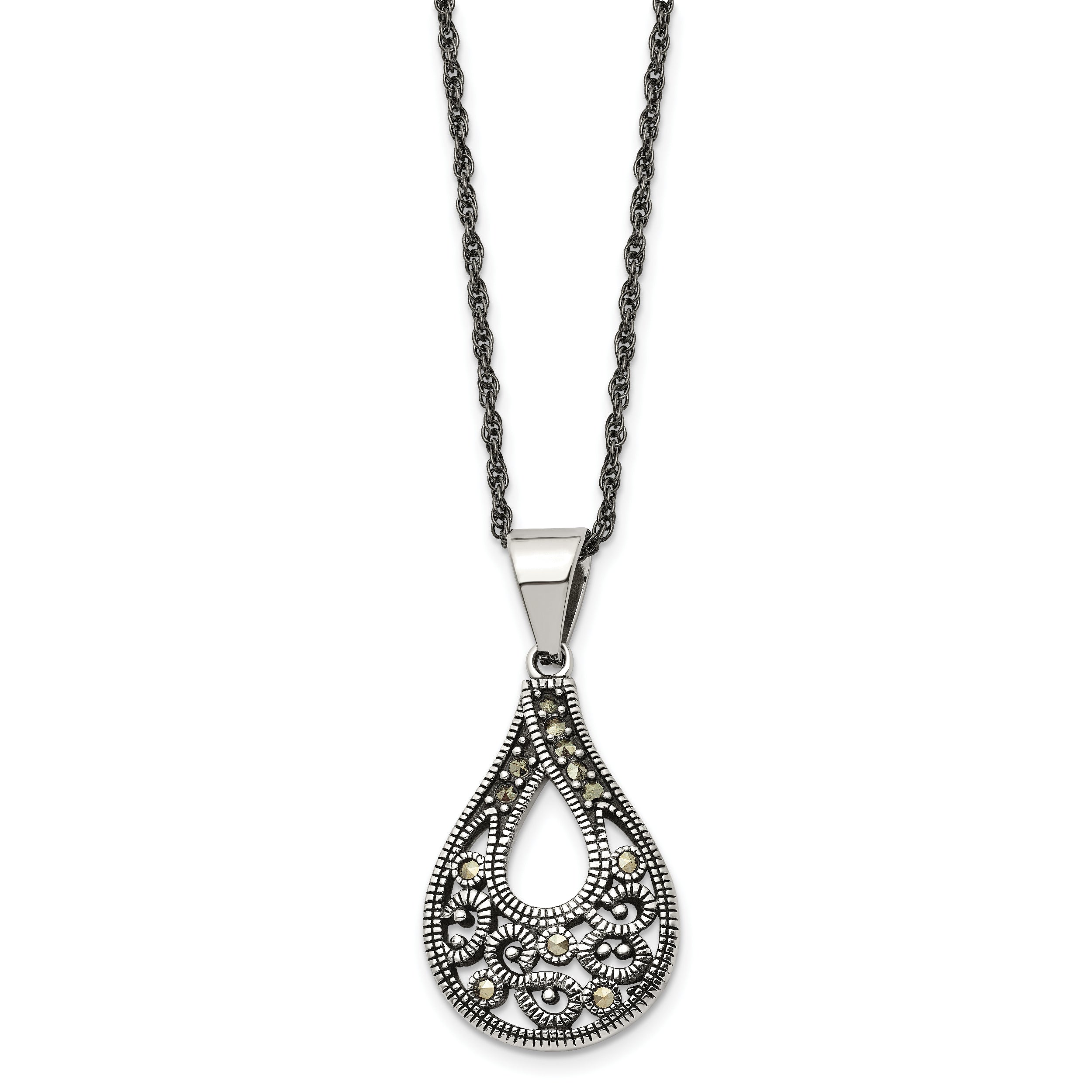 Chisel Stainless Steel Antiqued, Polished and Textured Marcasite Teardrop Pendant on a 20 inch Singapore Chain Necklace