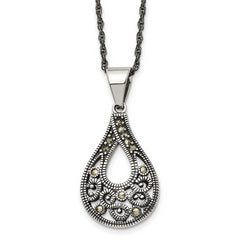 Chisel Stainless Steel Antiqued, Polished and Textured Marcasite Teardrop Pendant on a 20 inch Singapore Chain Necklace