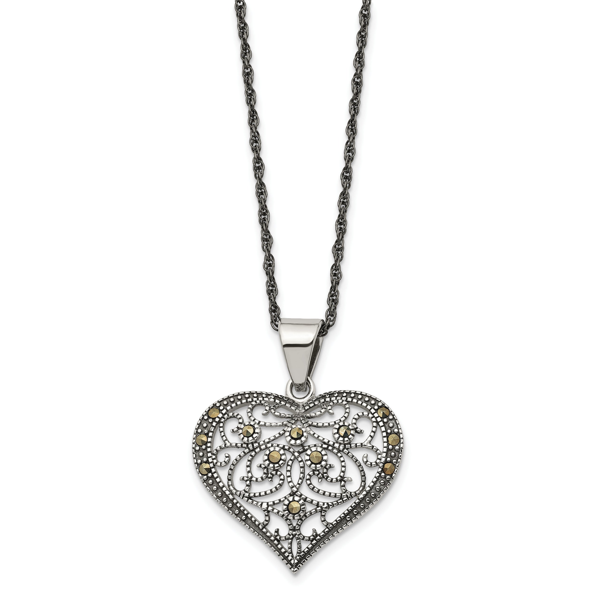 Chisel Stainless Steel Antiqued and Polished with Marcasite Heart Pendant on a 20 inch Singapore Chain Necklace