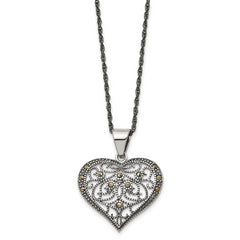 Chisel Stainless Steel Antiqued and Polished with Marcasite Heart Pendant on a 20 inch Singapore Chain Necklace