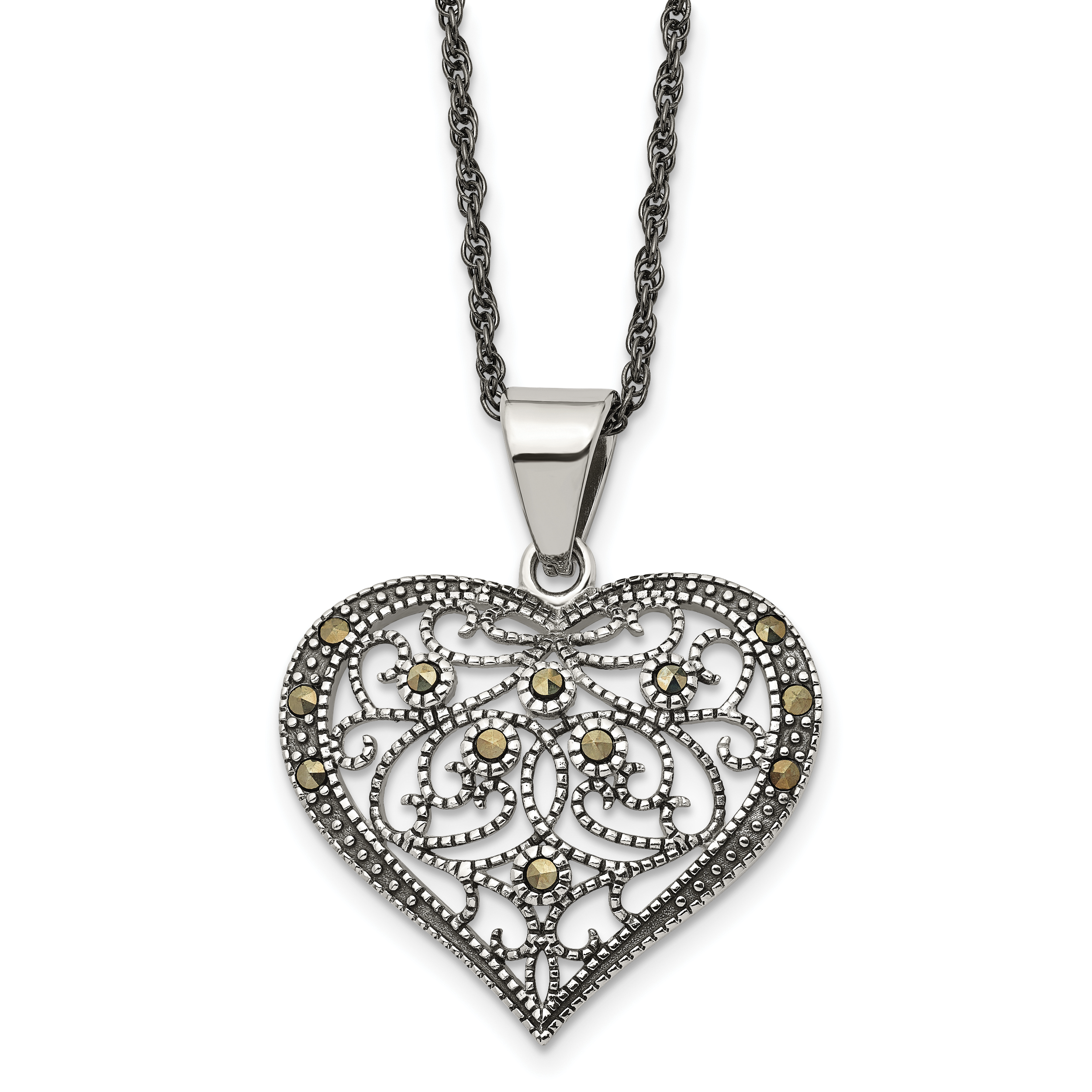 Chisel Stainless Steel Antiqued and Polished with Marcasite Heart Pendant on a 20 inch Singapore Chain Necklace Main image