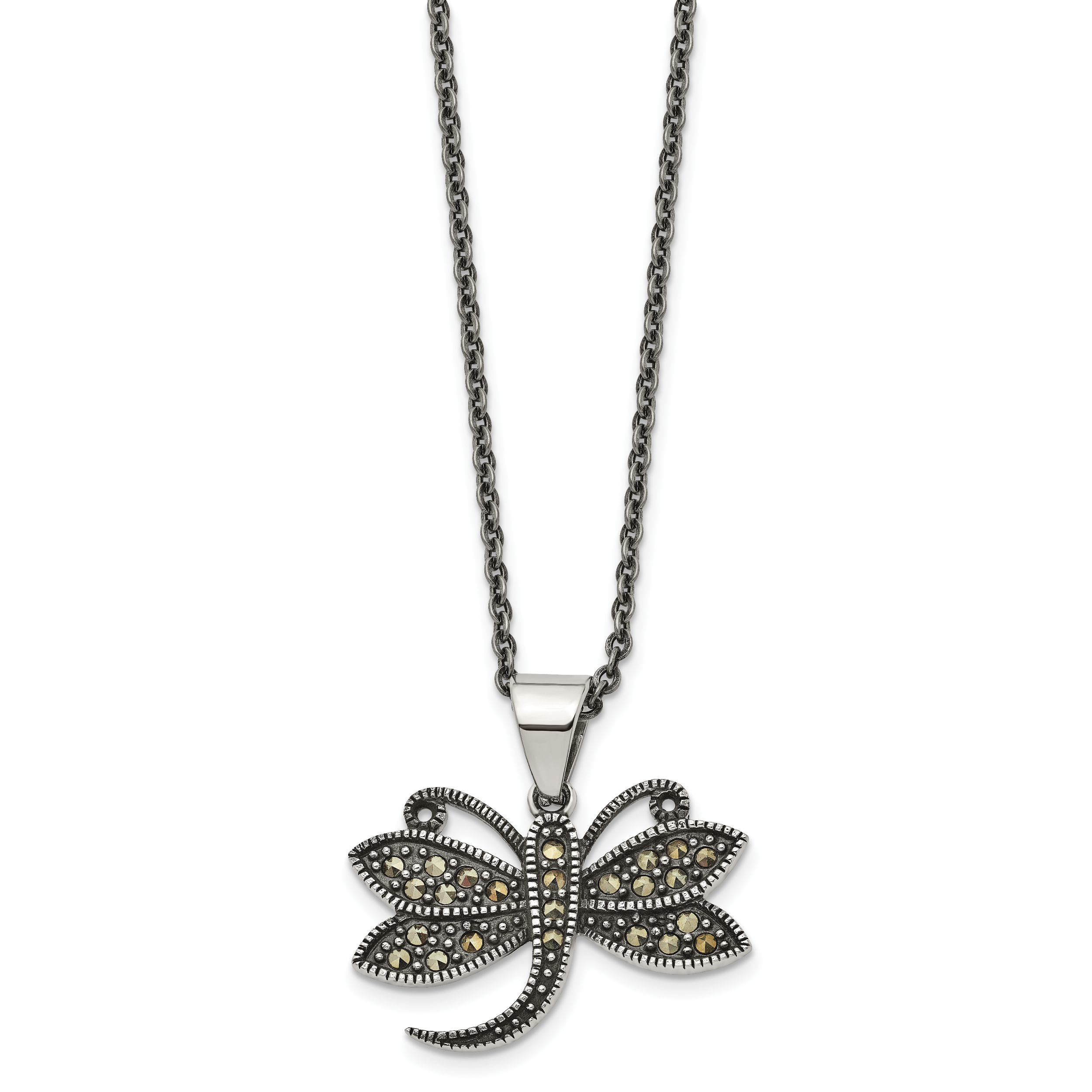 Marcasite Dragonfly Pendant Necklace in Stainless Steel