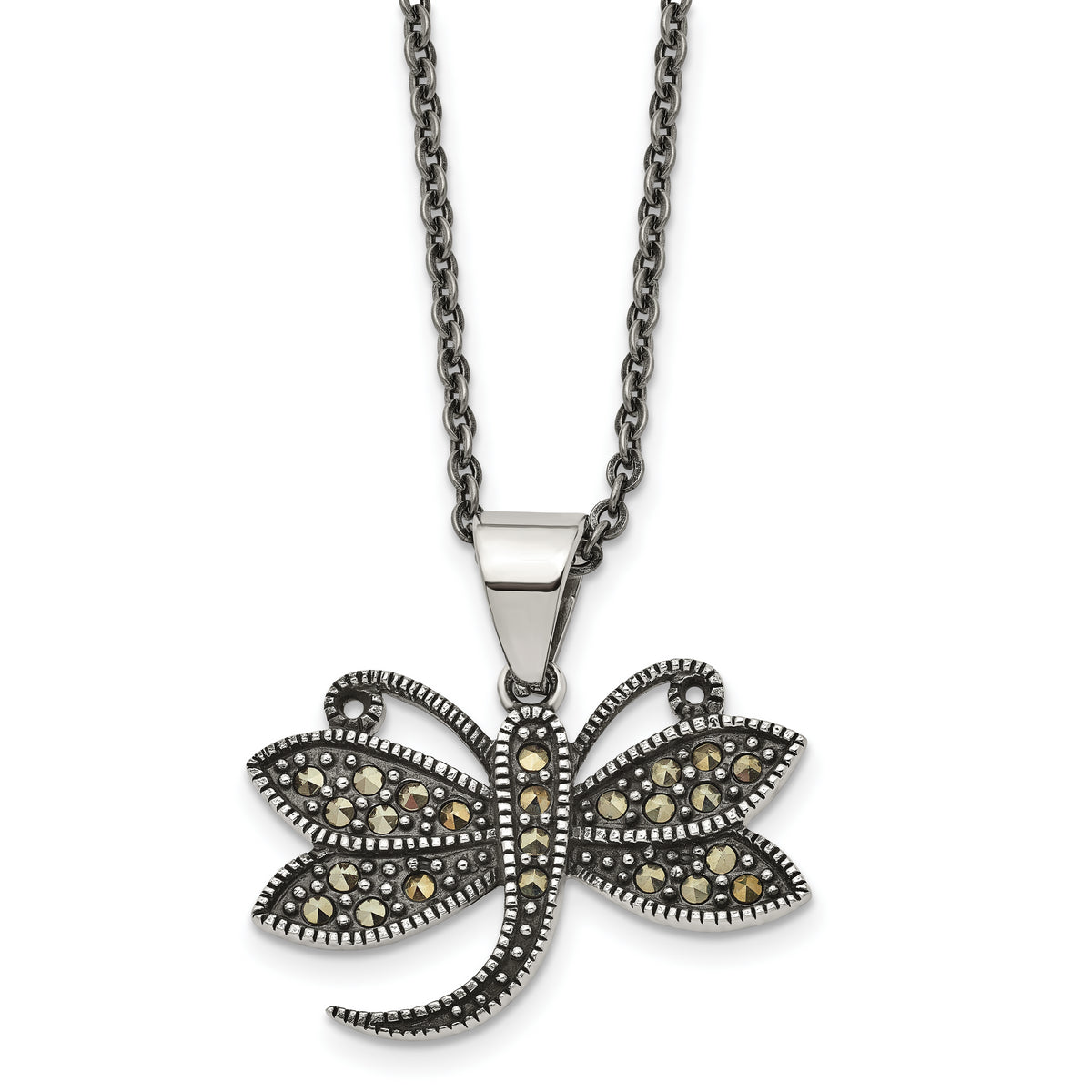 Chisel Stainless Steel Antiqued and Polished with Marcasite Dragonfly Pendant on an 18 inch Cable Chain Necklace