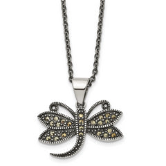 Chisel Stainless Steel Antiqued and Polished with Marcasite Dragonfly Pendant on an 18 inch Cable Chain Necklace
