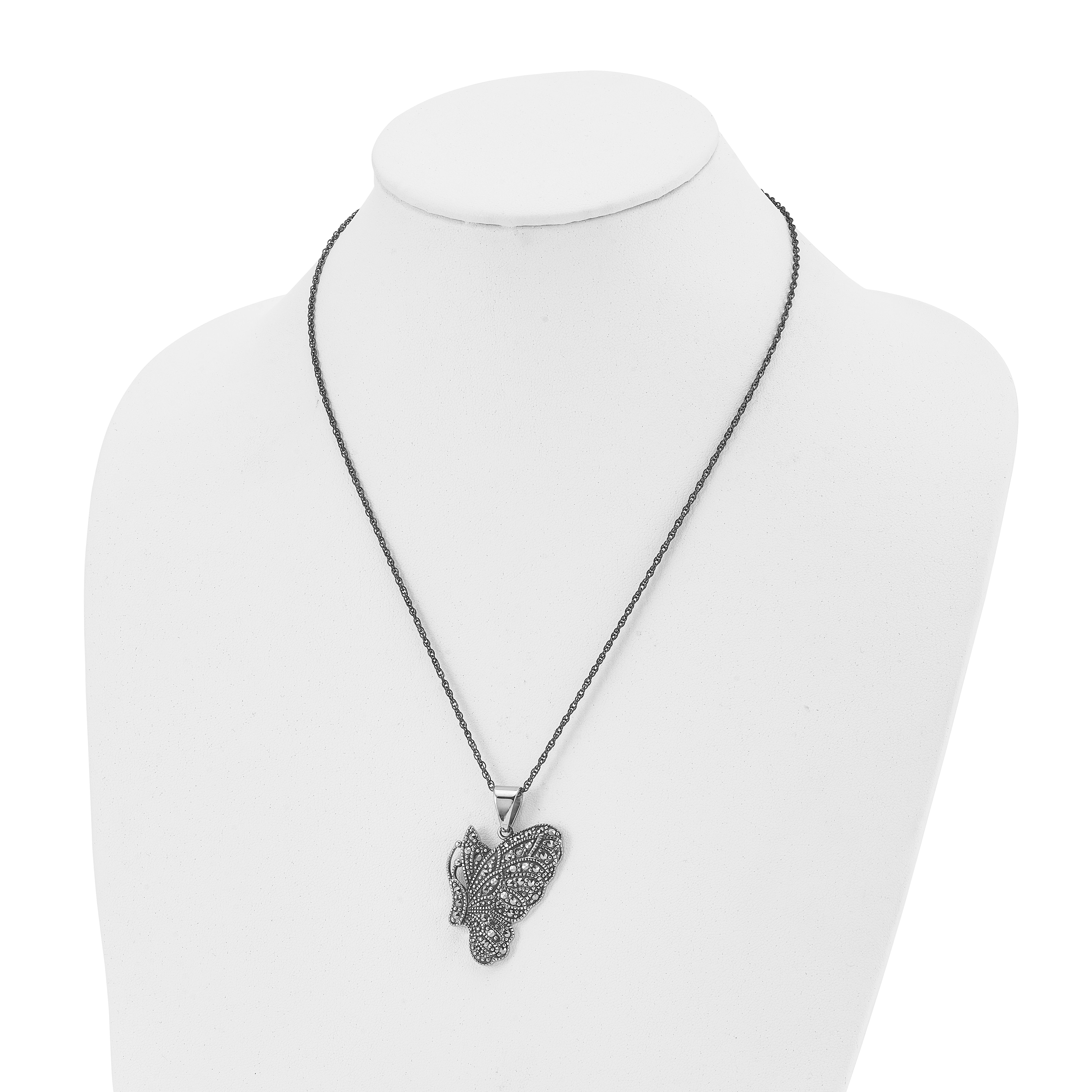 Chisel Stainless Steel Antiqued and Polished with Marcasite Butterfly Pendant on a 20 inch Singapore Chain Necklace