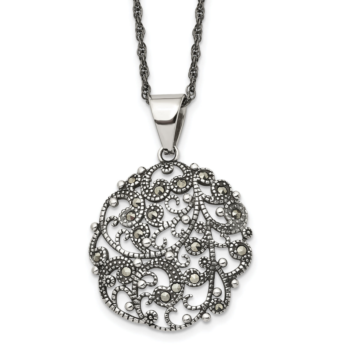 Chisel Stainless Steel Antiqued and Polished Marcasite Circle Pendant on a 20 inch Singapore Chain Necklace